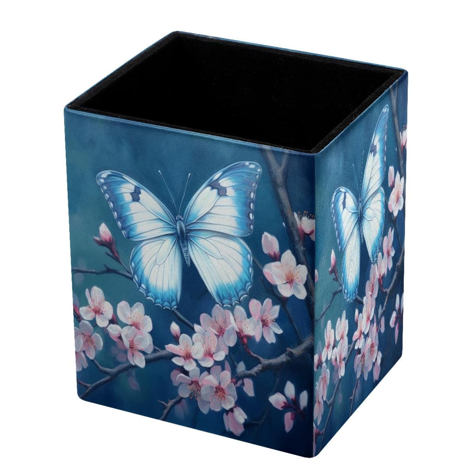 DragonBtu Desktop Pencil Holder, Butterfly Cherry Blossom Rectangular Pencil Cup, Pencil Storage Bag Office Desk Supplies Case for School, Kids