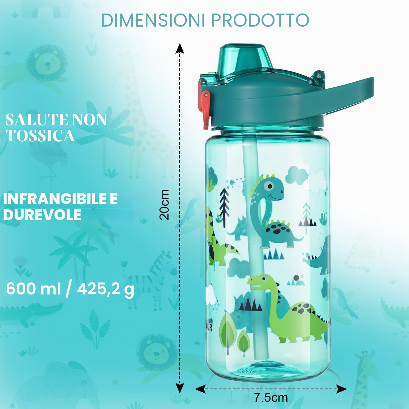 Flintronic Borraccia Bambini 600ML Senza BPA Bottiglia Acqua Cannuccia Prova Perdita Dinosauro