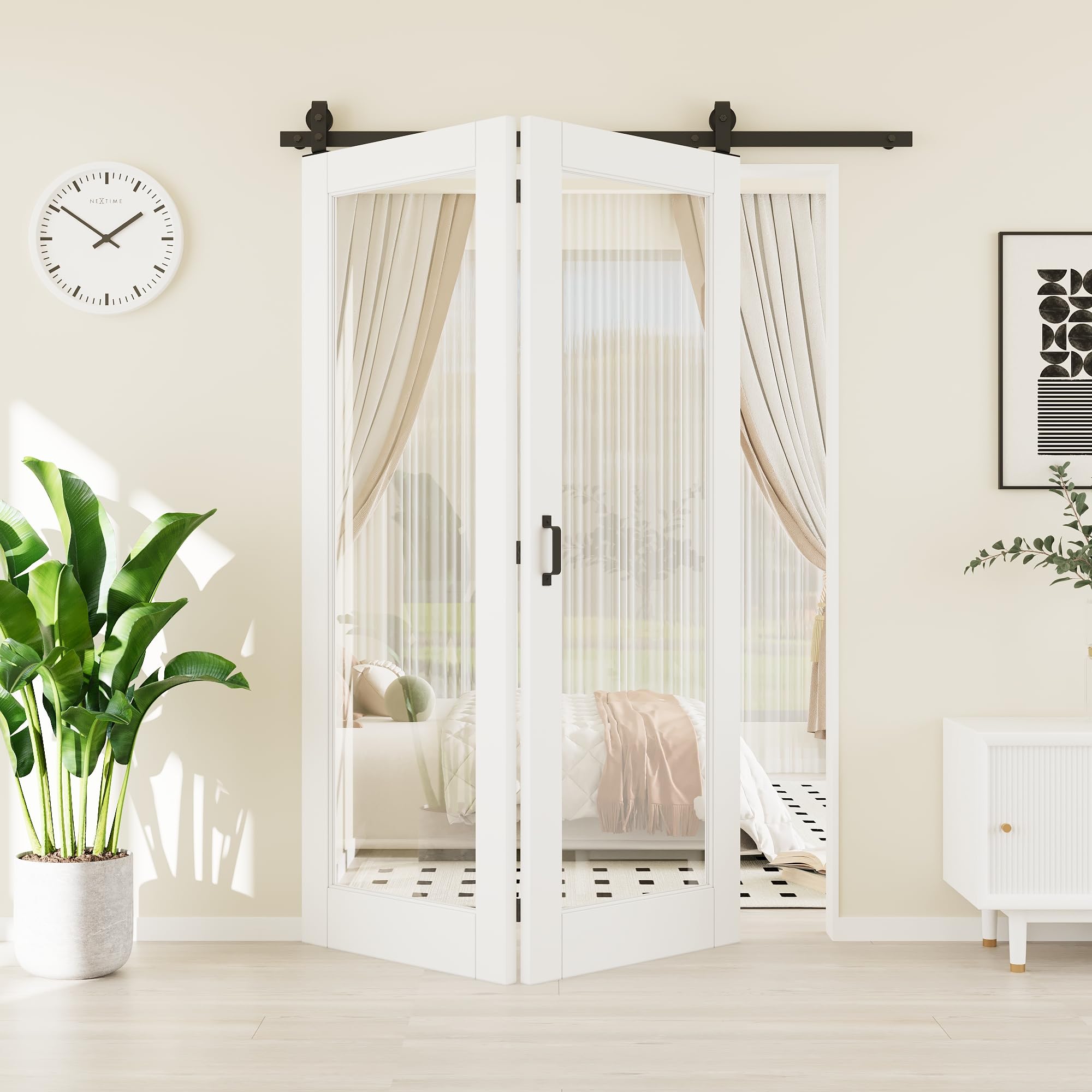 48"(24" x 2) x 80" 1-Lite Tempered Clear Glass Paintable Bifold Barn Door