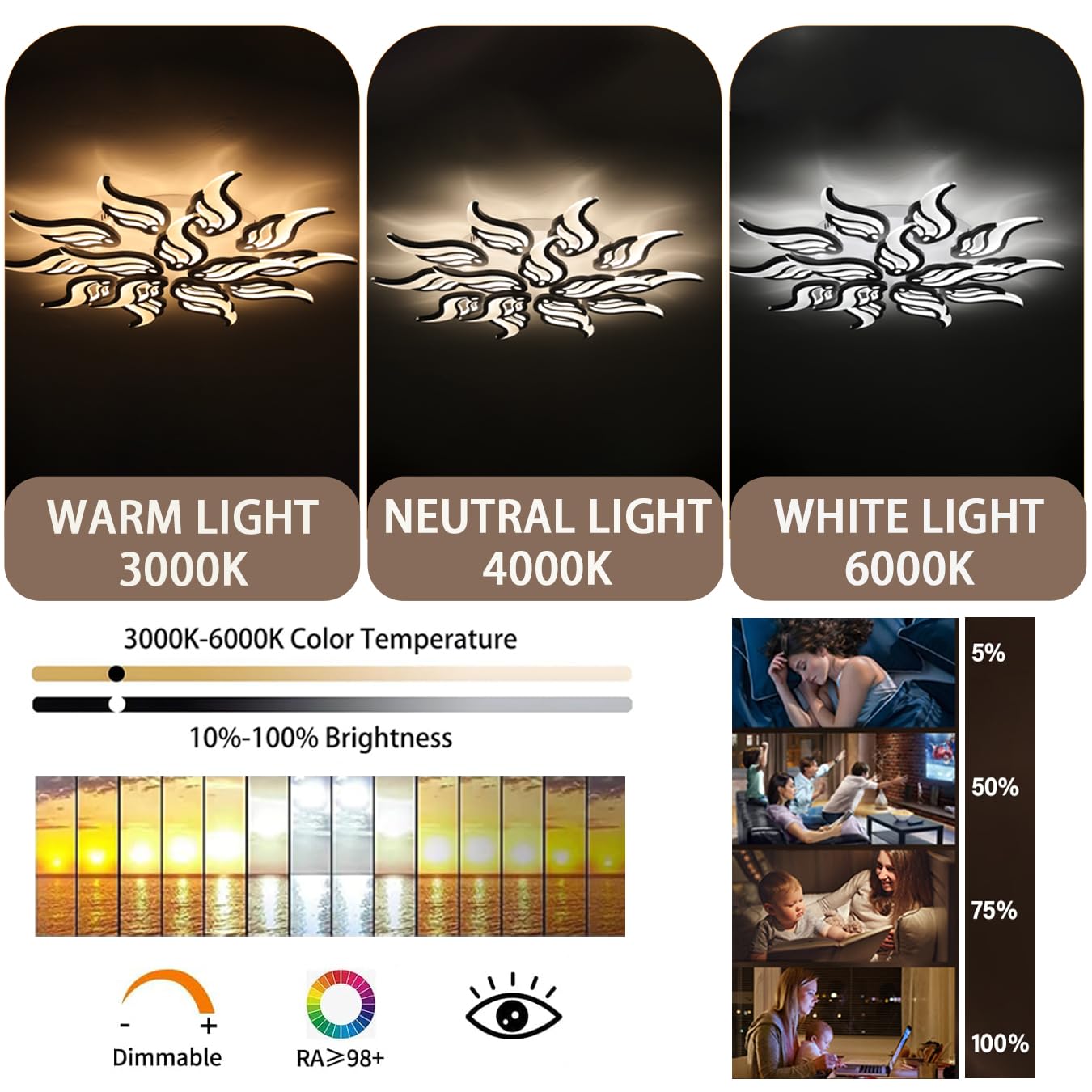 Lampa Sufitowa LED,Kreatywna Lampa Sufitowa Led W KształCie Kwiatu,Z MożLiwośCią śCiemniania Za Pomocą Pilota,Nowoczesne Lampy Sufitowe Do Salonu,Sypialni,Jadalni I Gabinetu (Czarny, 15 głowic)