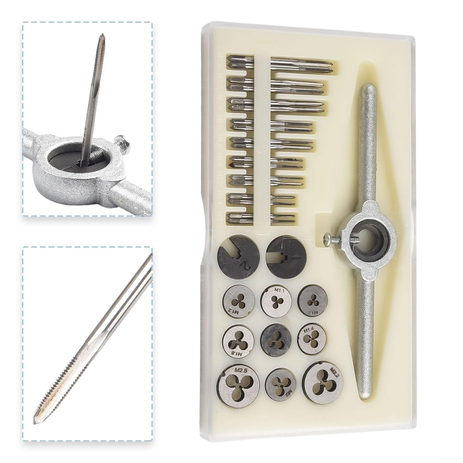 Set di 31 pezzi di maschi e matrici metrici, completo da M1 a M2.5, strumenti per filettare e filettare con accessori per chiave del rubinetto
