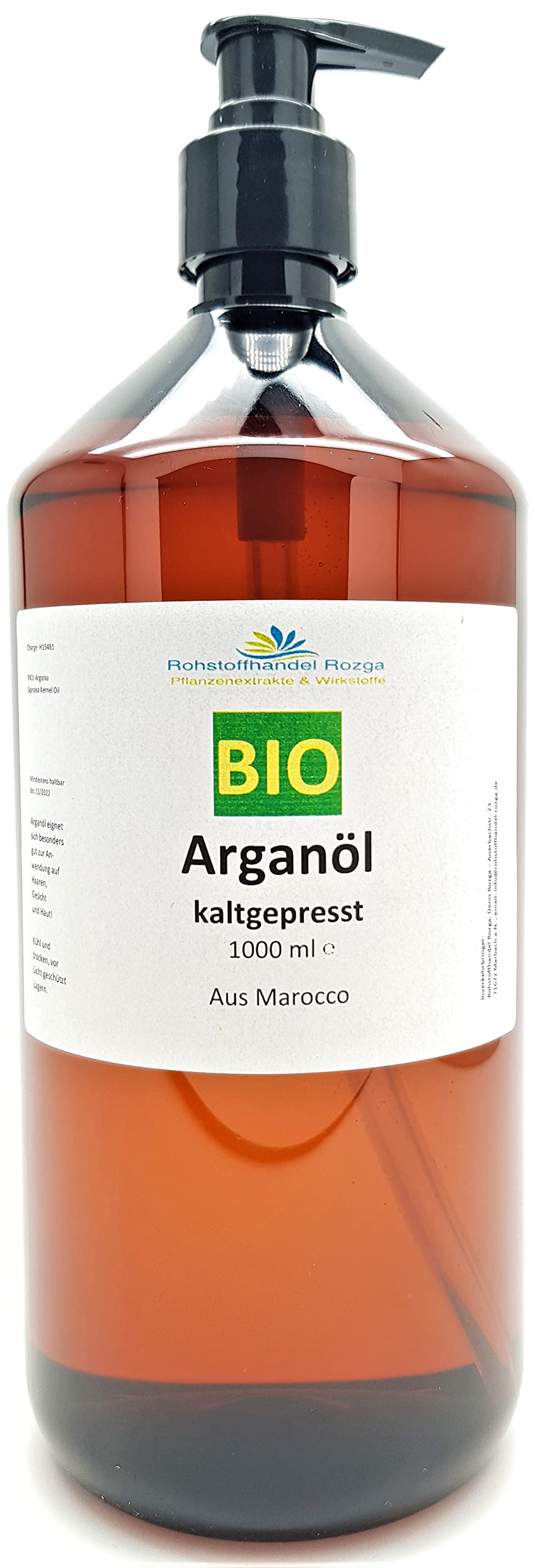 Reines Bio Arganöl 1000 ml. 100% kalt gepresst biologisch -inkl. Dosierpumpe- für Gesicht, Haare, Haut, Nägel - Natürlich & intensiv feuchtigkeitsspendend