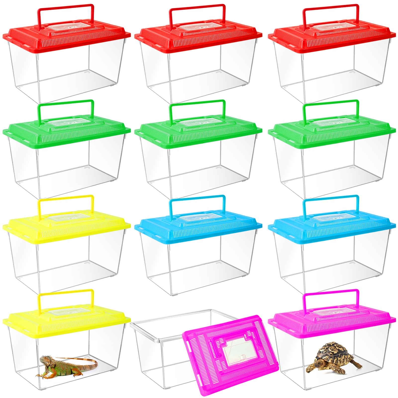 Photo 1 of 12Pcs Plastic Reptile Terrariums Carrier Cage, Tarantula Enclosure Breeding Box Hatching Container Transparent Fish Tank Turtle Aquarium with Random Color Lid for Lizards, XL(10.6" x 6.7" x 5.9")