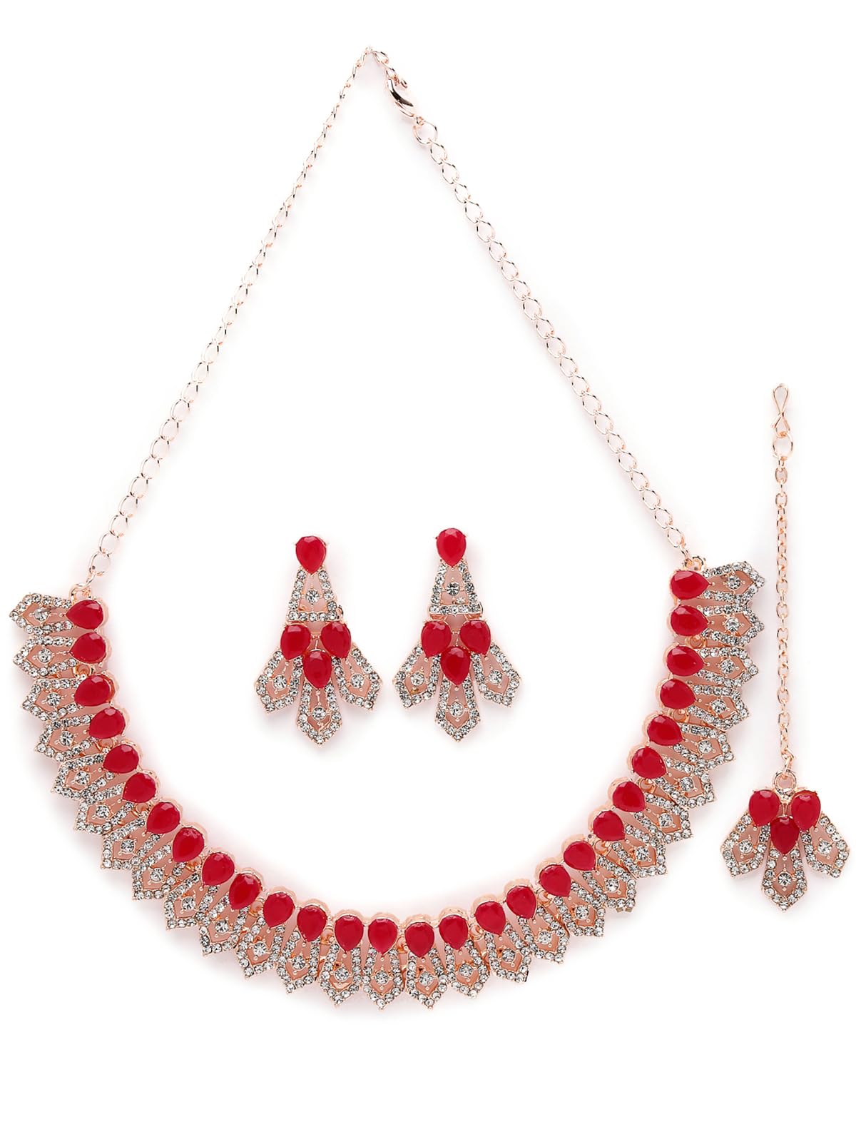 Sukkhi Admirable Fashionable AD Red Stones Collar Bone Necklace Set With Earring And Maangtika | Jewellery Set For Women (NS105675) (B0CBBBBGCT) Amazon Price History, Amazon Price Tracker