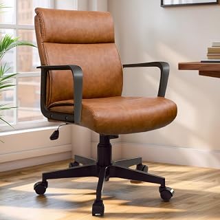 Artswish Leather Office Chair Brown Desk Chair with Wheels Arms, Mid Back Leather Executive Computer Chair Mid Century Chairs for Home Office