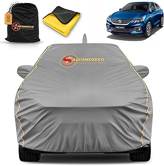 AUTOMOZEXO Maruti Baleno 100% Waterproof Car Cover for All Weather Protection with Mirror & Antena Pocket Inner Cotton Triple Stitched Cover with Adjustable Belt Bottom Elastic to Secure Fit -Grey