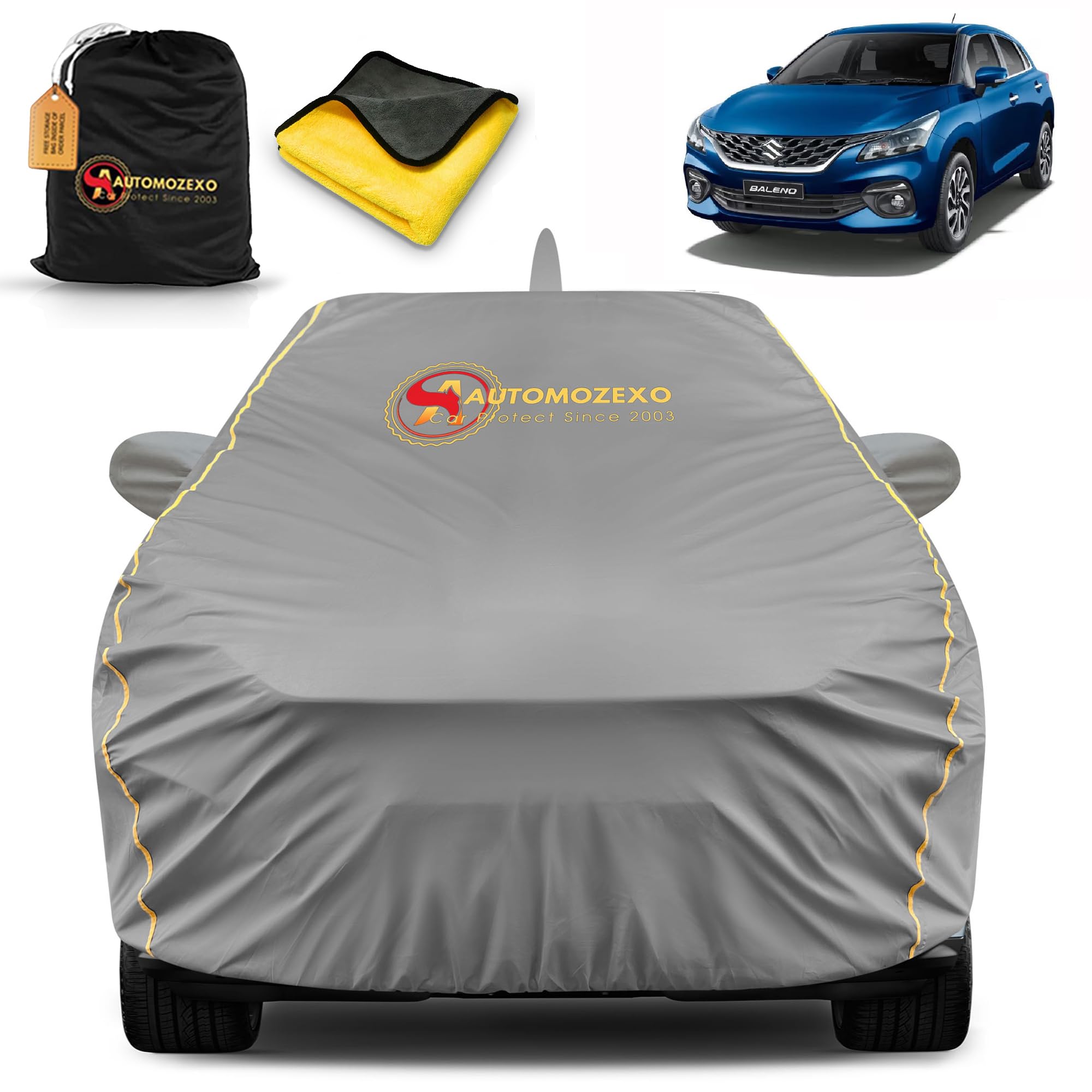 AUTOMOZEXO Maruti Baleno 100% Waterproof Car Cover for All Weather Protection with Mirror & Antena Pocket Inner Cotton Triple Stitched Cover with Adjustable Belt Bottom Elastic to Secure Fit -Grey
