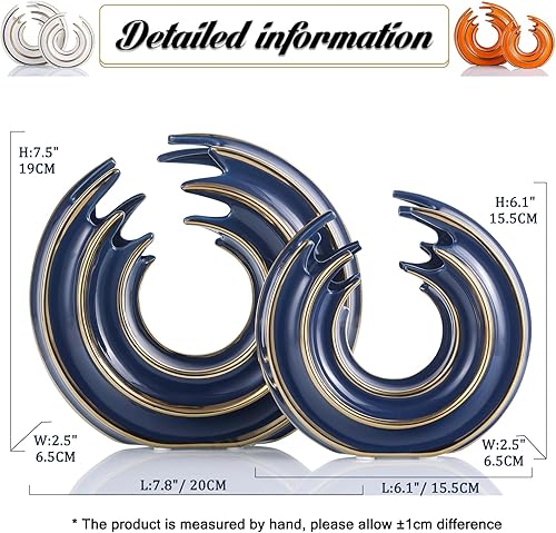 Miniatura 3 de Juego de 2 jarrones redondos de cerámica para decoración del hogar (línea dorada, azul dorado)