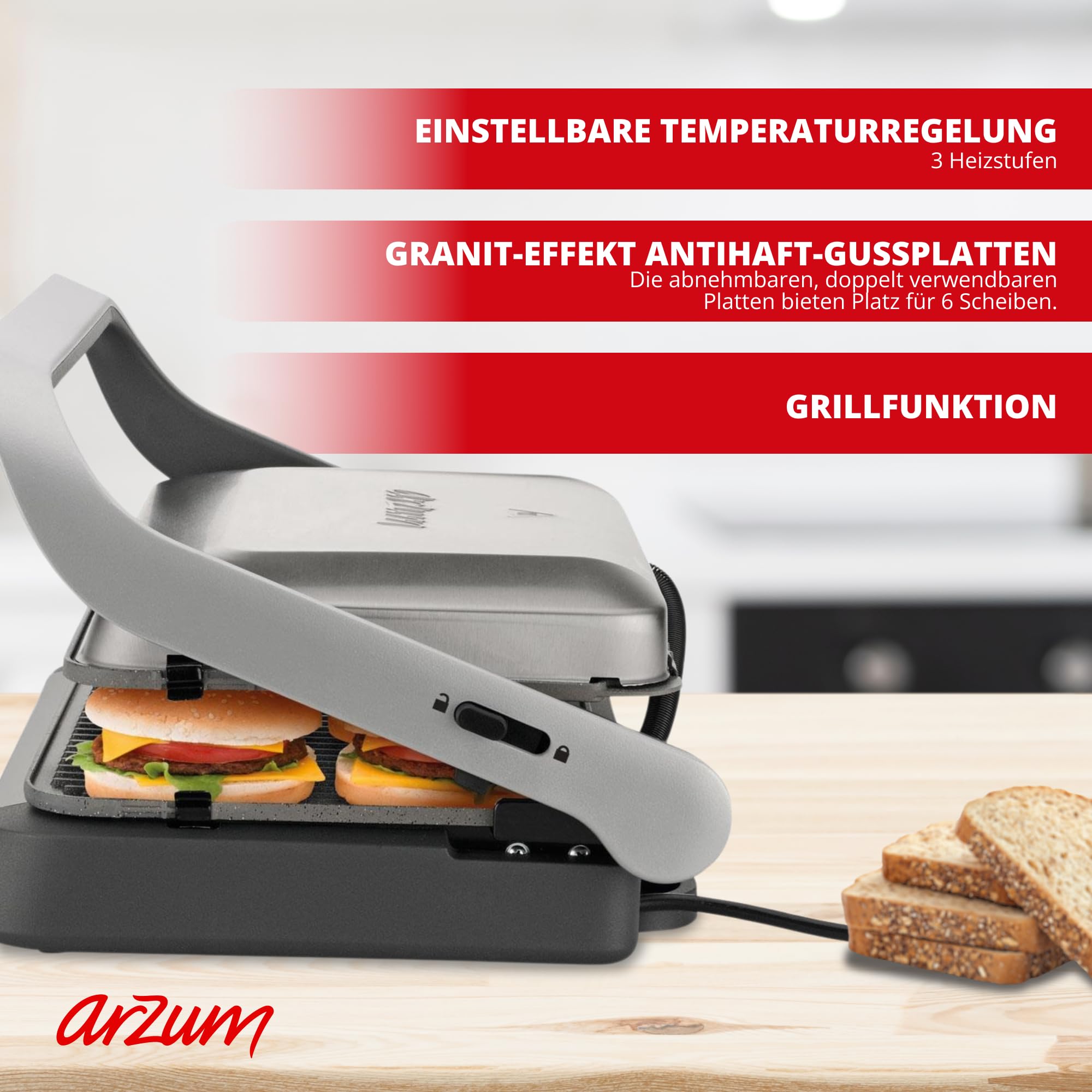 Arzum AR2001 Tostcu Delux Kontaktgrill Panini Maker Sandwichmaker, 1800W Leistung, 180 Grad Aufklappbarer Tischgrill, Abnehmbare Granitplatten für 6 Scheiben
