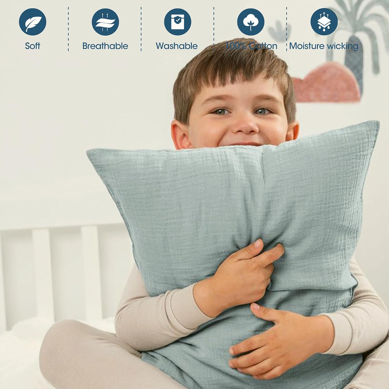 GRSSDER 2 Pack Muslin Toddler Pillowcases 13 x 18, Soft and Breathable 100% Cotton Pillow Case Cover with Envelope Closure, Multiple Cute Colors for Boys and Girls