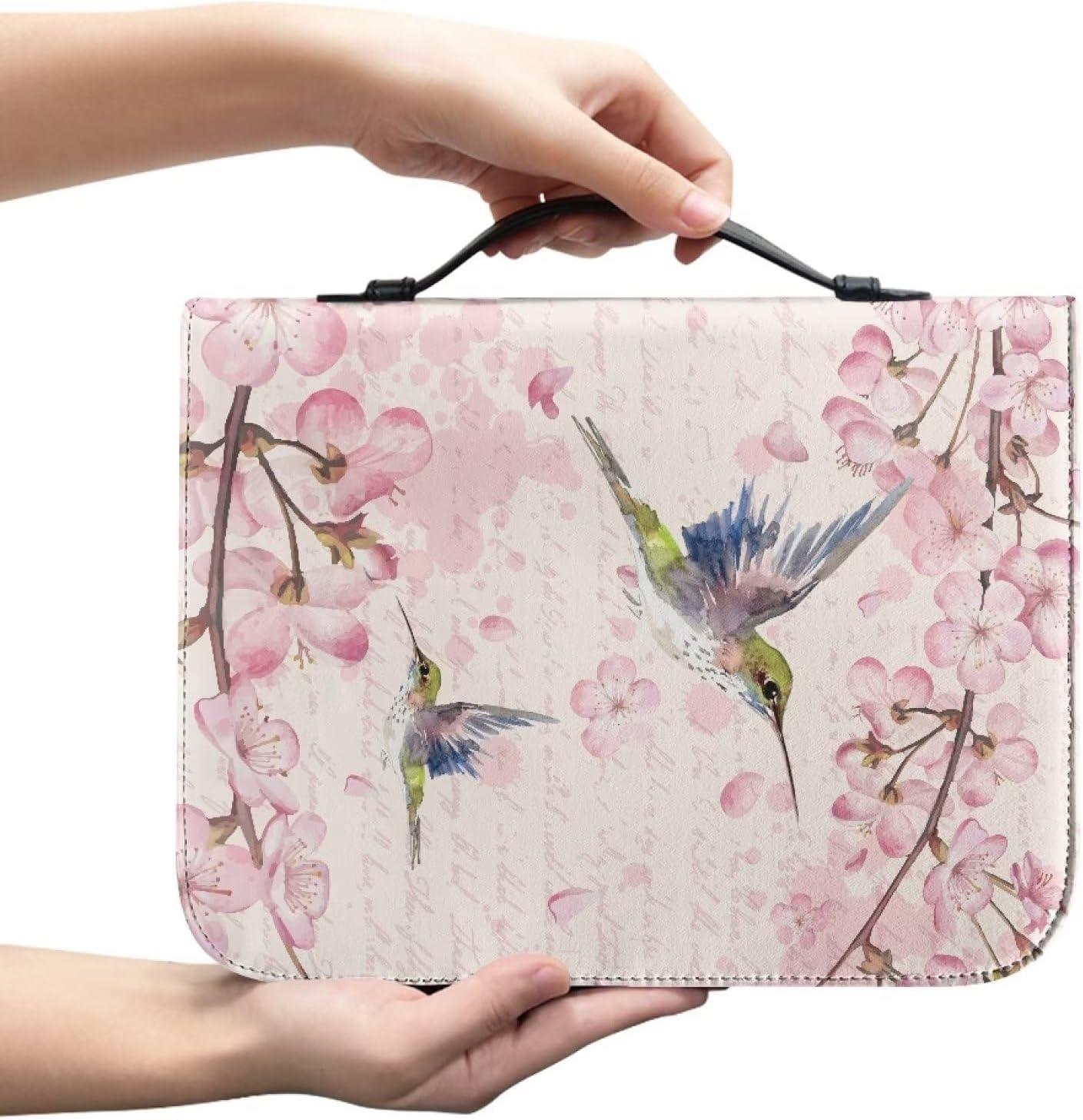 Hummingbird Floral Pink Print Bible Cover With Handle and Zipper for Women Men - PU Leather Case Tote Bag for Study Supplies, XL