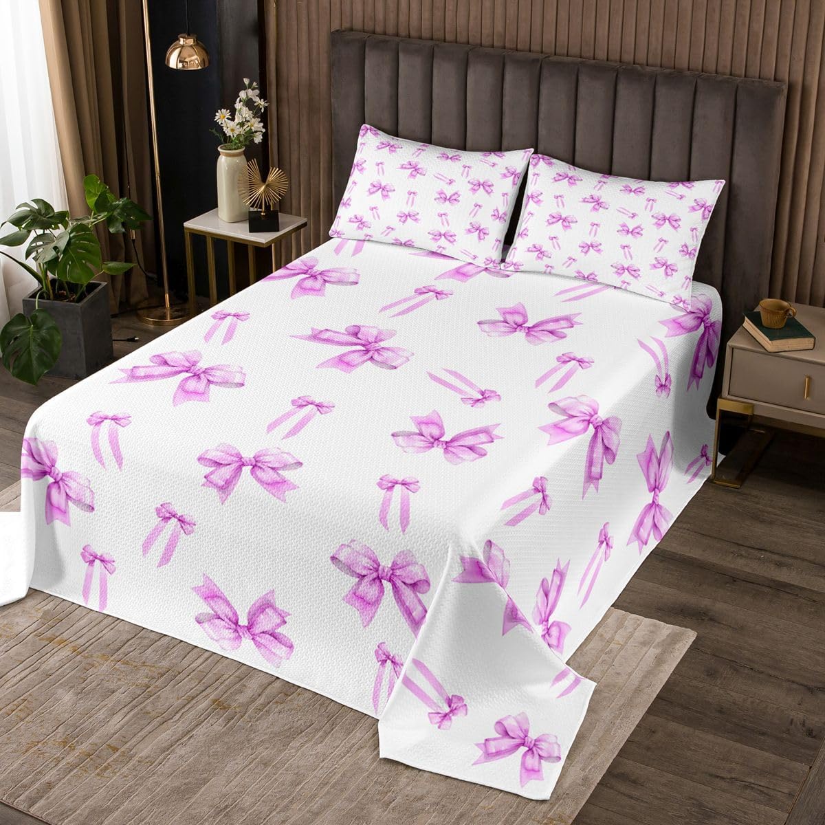 jejeloiu Cute Ribbon Bow Bedspread Quilts Blue Bowknot Coverlet Set Twin Size for Kids Boys Girls Kawaii Bow Tie Quilted Coverlet for All Season with 1 Pillowcase Girly Princess Microfiber