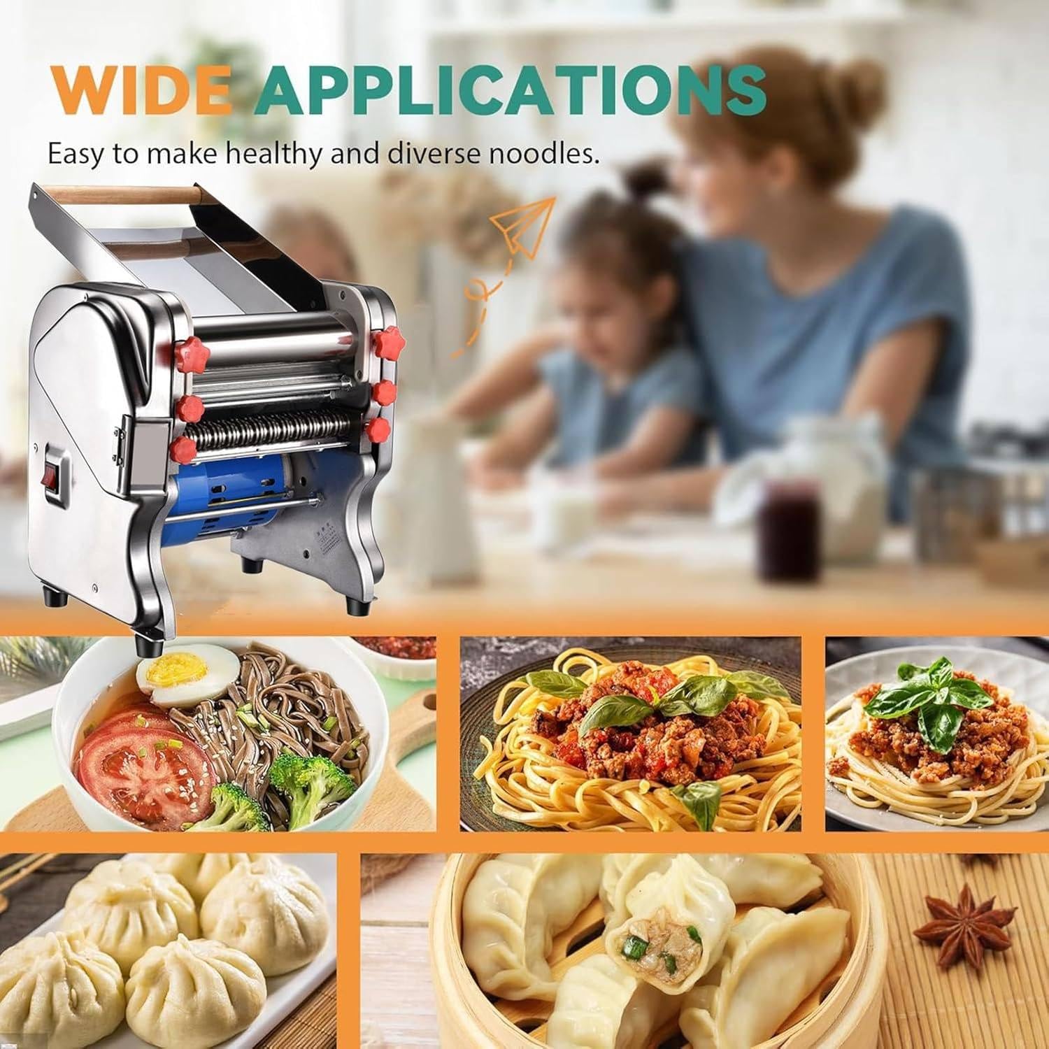 Máquina de Pasta Eléctrica Comercial Laminadora de Masa Eléctrica, 550W/750W 2 Juegos de Cuchillos, 0.3-20mm Grosor Ajustable, para Catering Doméstico, Acero Inoxidable FKM240