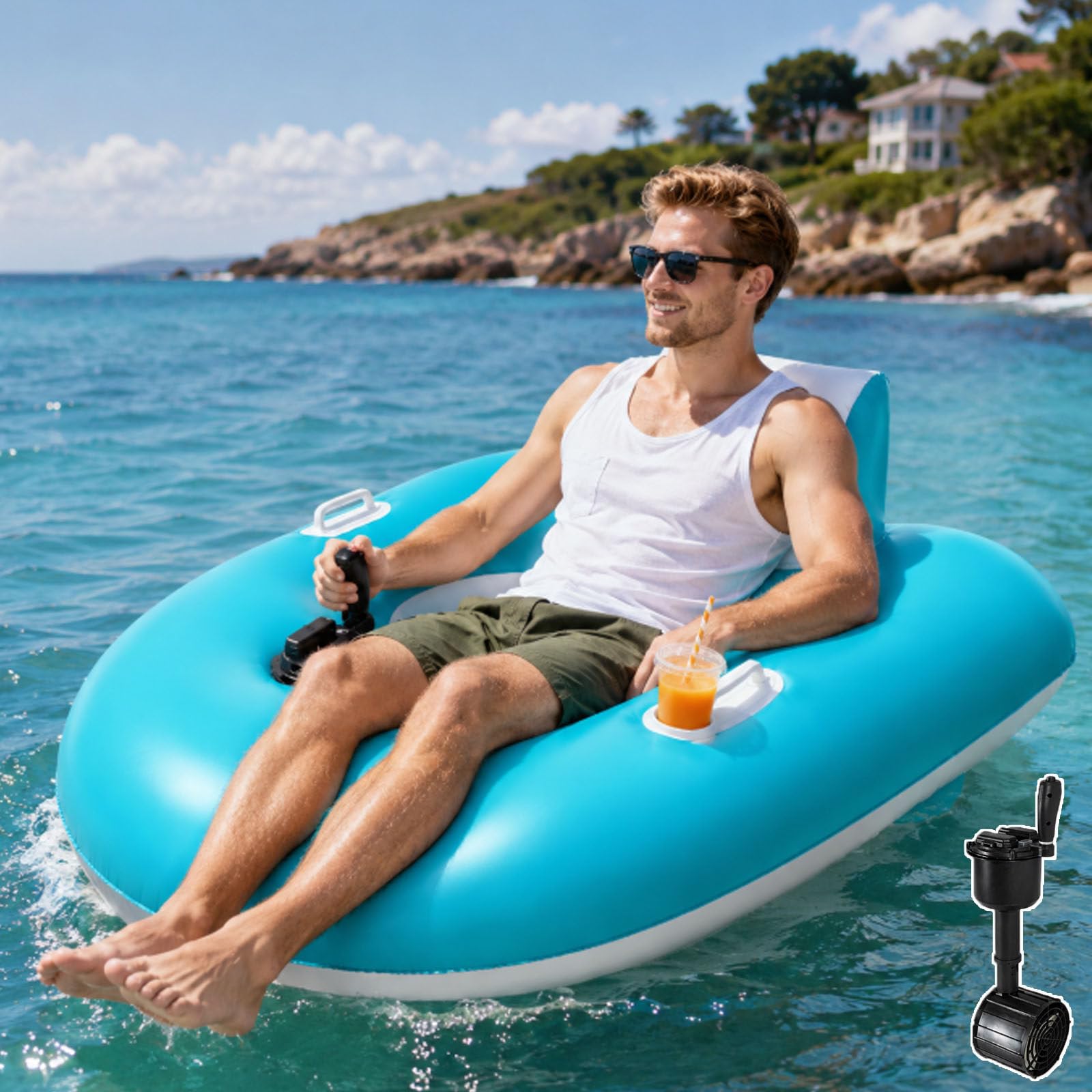 ErShangMao Motorized Pool Float,Electric Inflatable Pool Lounger For Adult, Electric River Run Tube With 50w Cruising, Turning And Drifting, Thick Pvc, 265 Lb Support, Cup Holder And Storage Bag