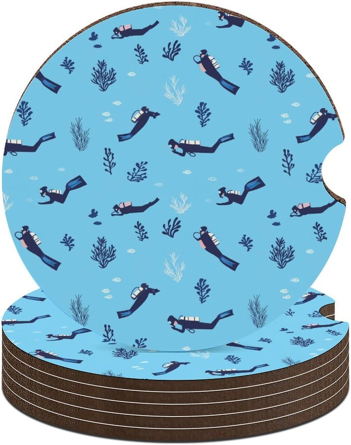 Scuba Diving Pattern Cute Car Coasters 2.56 Inch Absorbent Cup Holder for Drinks Auto Interior Accessories