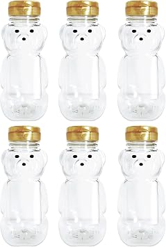 6 Pack - 8 Ounce Plastic Honey Bears w/Gold Lids