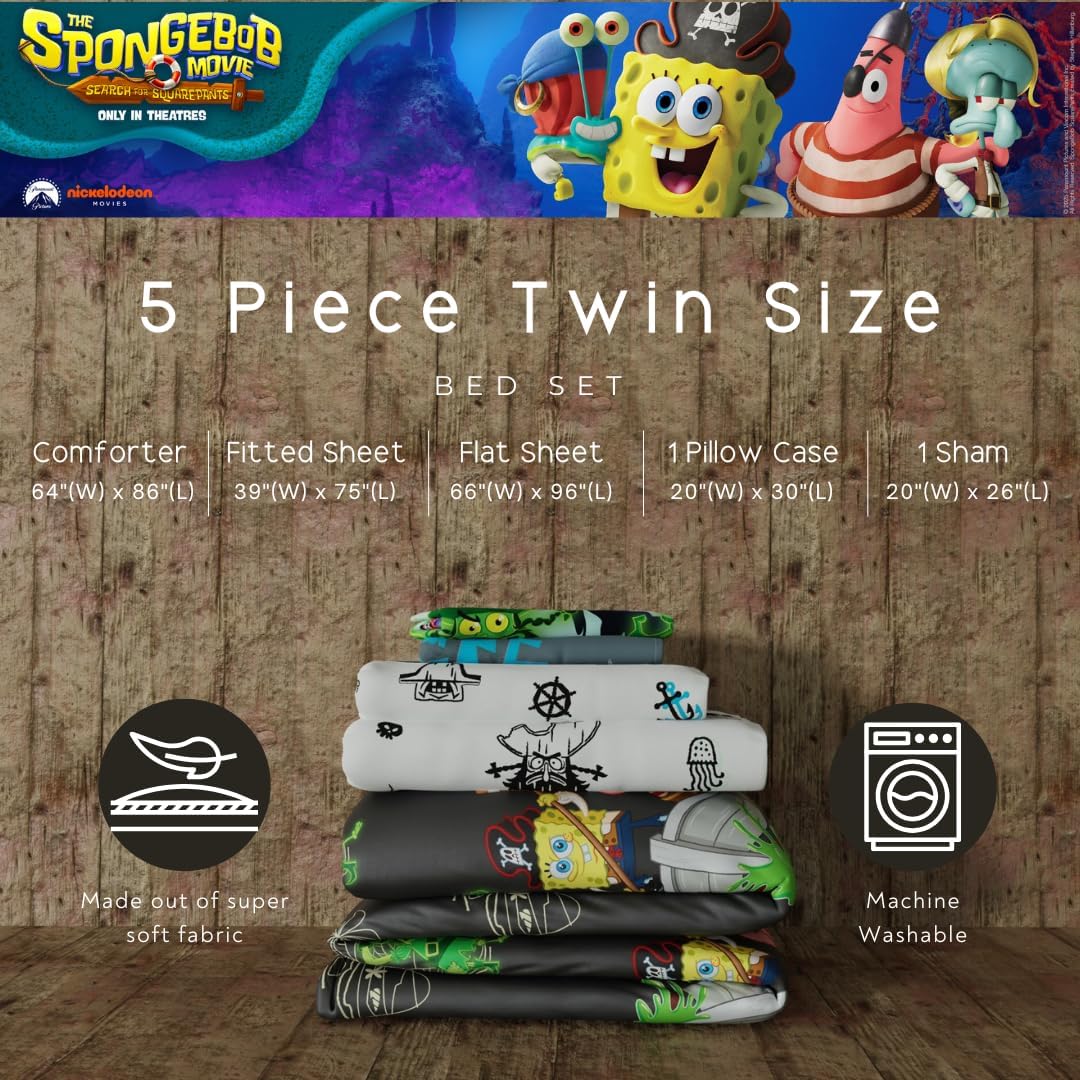 The Spongebob Movie: The Search for Squarepants Bedding Set – Roblox Reward Included - 5 Piece Twin Soft Reversible Comforter & Sheet Set, (Officially Licensed Product) by Franco Kids - Image 4