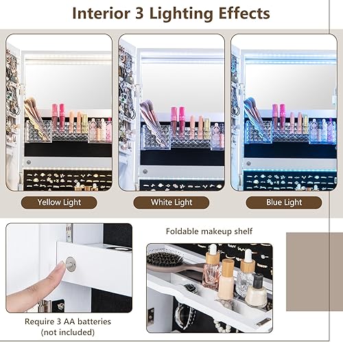 Vista 4 de GOFLAME Armario de joyería de pie con ruedas, organizador de almacenamiento de joyas con cerradura con espejo de longitud completa, luces LED de 3