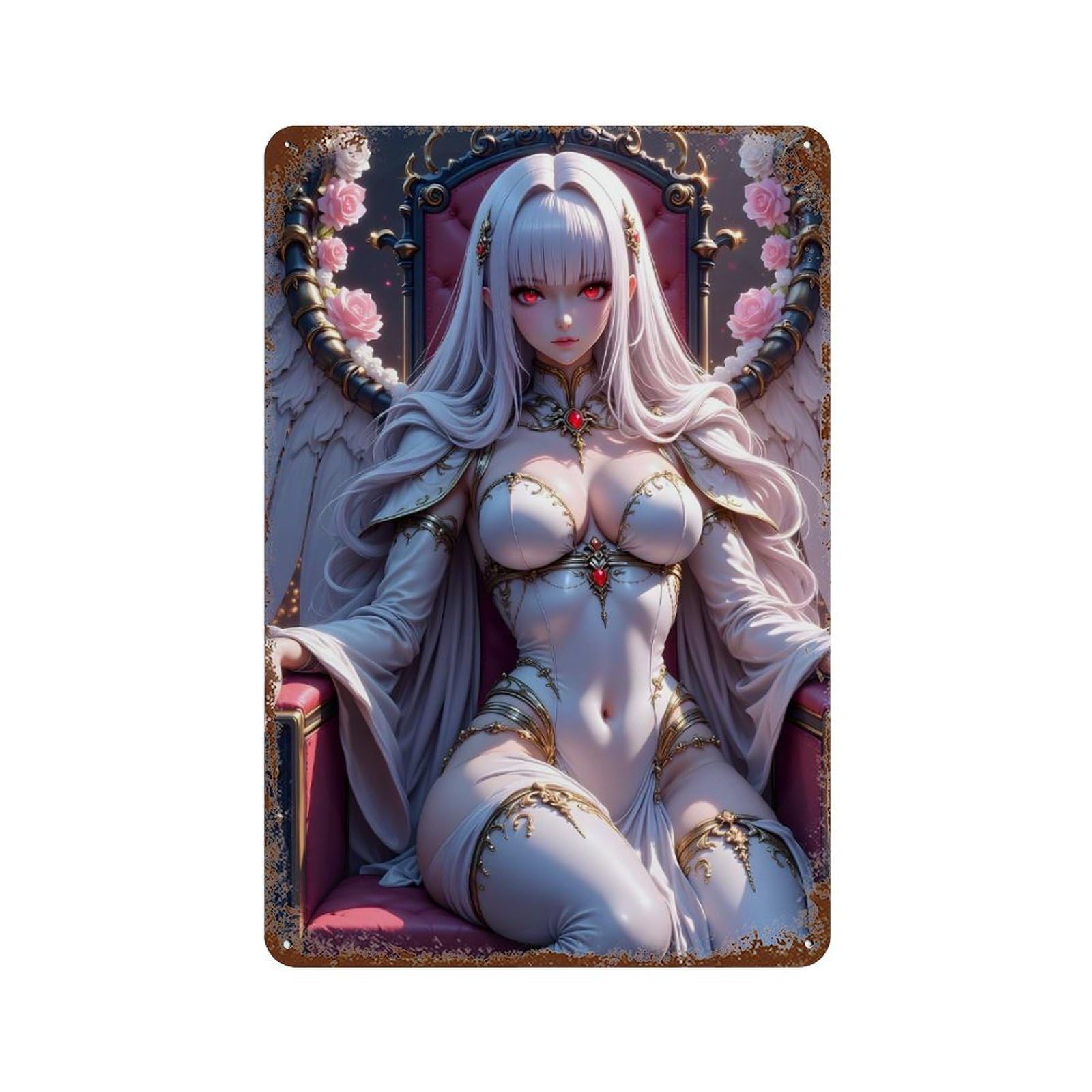 Anime Angel on Throne with Roses 11.8"x7.9" Distressed Metal Wall Sign, Retro Wall Decor for Garage, Bar And Workshop Decor