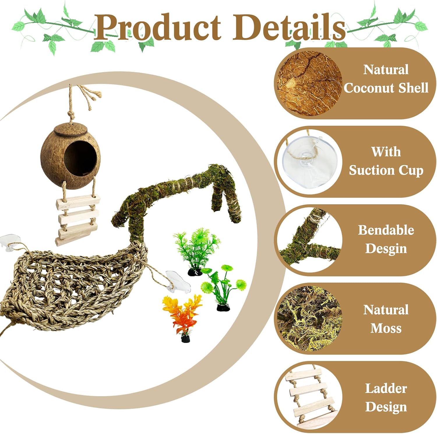 6 PCS Hermit Crab Accessories Large Bendable Moss Hermit Crab Climbing Toys Coconut Shell Hut with Ladder Climbing Hammock with Suction Cup Plants for Reptile Amphibian