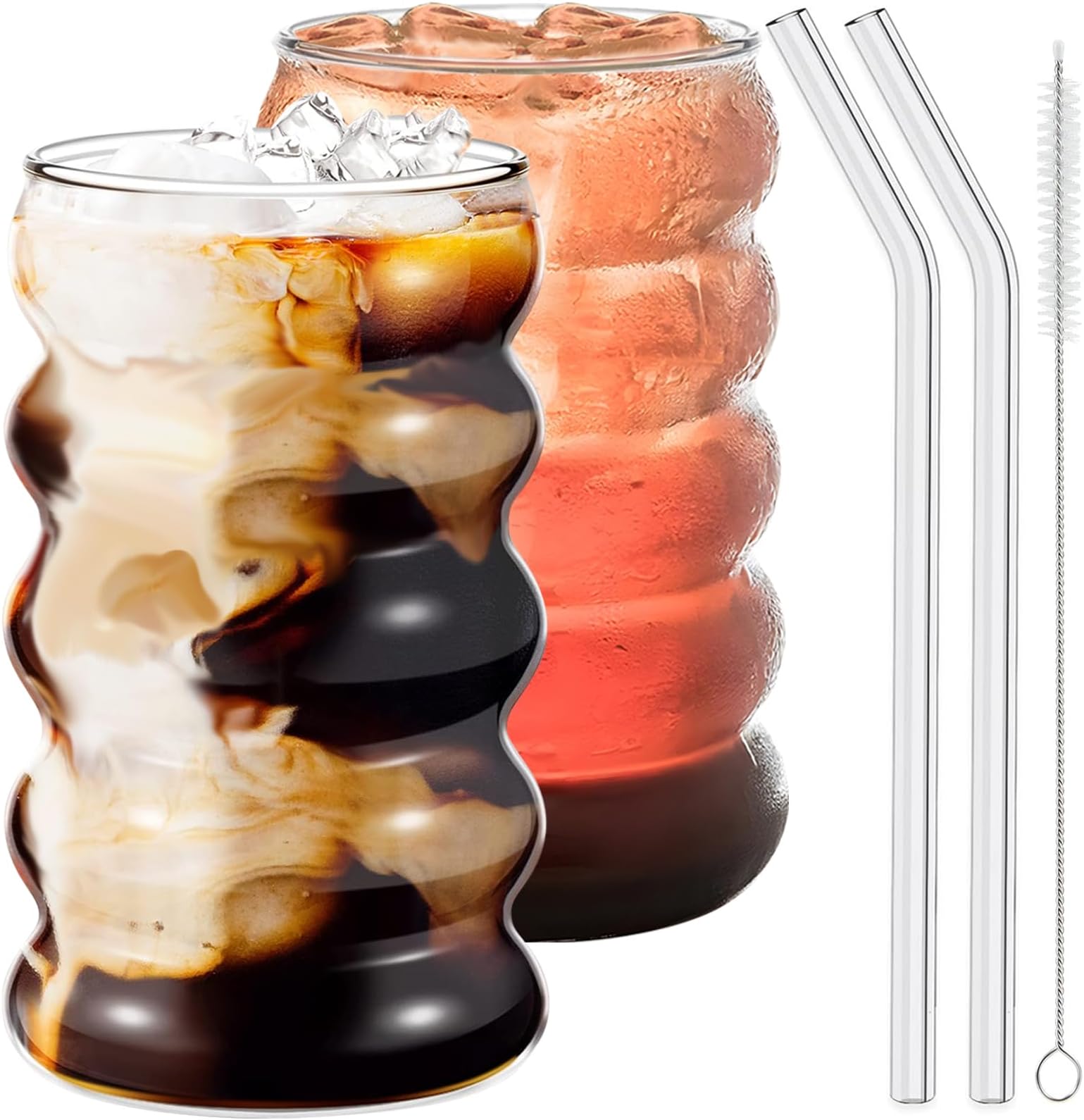 Ework4U 2 Pcs Drinking Glasses with Glass Straws, 20oz Iced Coffee, Milk Tea, Fruit Smoothie Glasses - Ideal for Water, Soda, Tea - Gift Set with Cleaning Brush