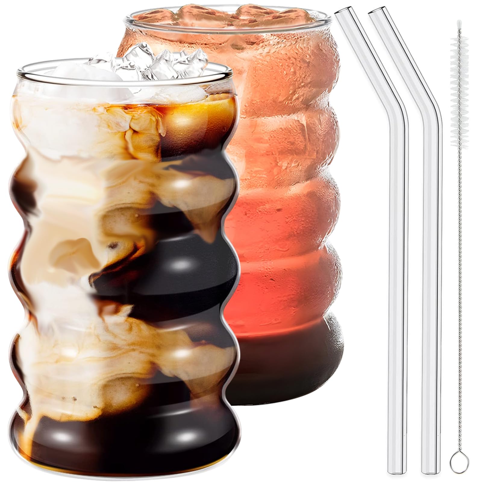 Ework4U 2 Pcs Drinking Glasses with Glass Straws 19.5oz Iced Coffee Glasses Set,Milk Tea Glasses,Fruit Smoothie Glasses,Ideal for Water,Soda,Tea,Gift - with Cleaning Brushe