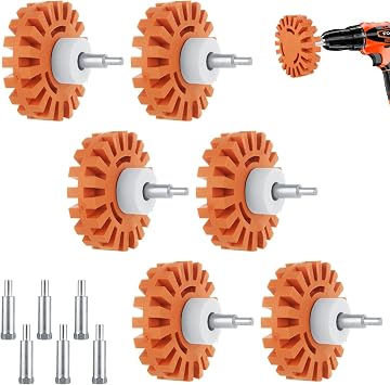 6 Pack Rubber Eraser Wheel for Drill, Decal Remover Wheel with Drill Adapter, Eraser Wheel Adhesive Remover, Vinyl Decal Eraser Wheel Tool for Removing Pinstripes, Stickers