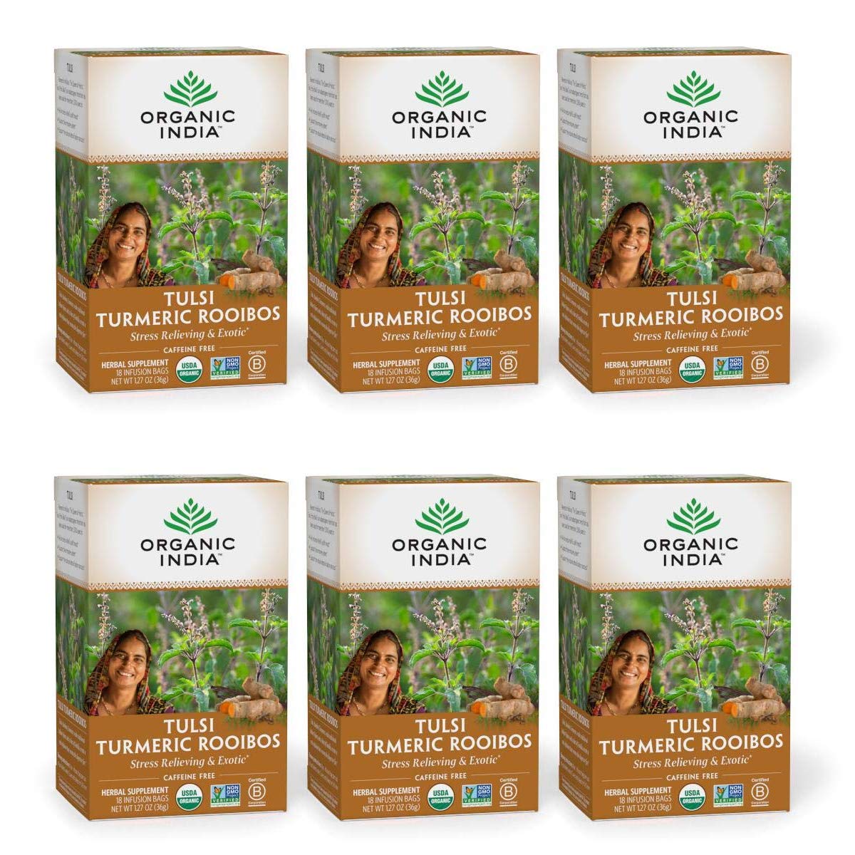 Organic India Tulsi Green Herbal Tea - Stress Relieving & Empowering, Immune Support, Vegan, USDA Certified Organic, Premium Darjeeling Green Tea, Caffeinated - 18 Infusion Bags, 6 Pack: Health & Personal Care