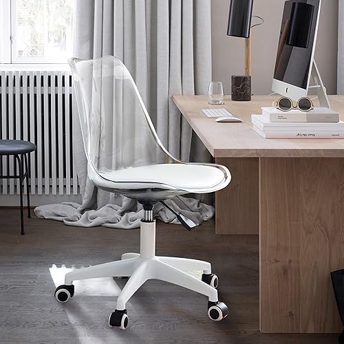 Miniatura 3 de Silla de escritorio transparente con cojín suave de piel sintética, silla de oficina en casa con ruedas, silla de plástico giratoria sin brazos