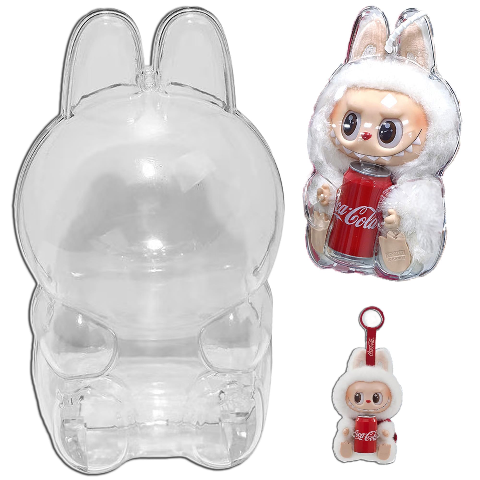 Doemoil Protective Case Cover for LABUBU Cola Have a Seat, Clear Acrylic Display Box Hard Case Accessories with Silicone Strap for The Monsters LABUBU Cola Series Surprise Shake - (Cola Sitting)