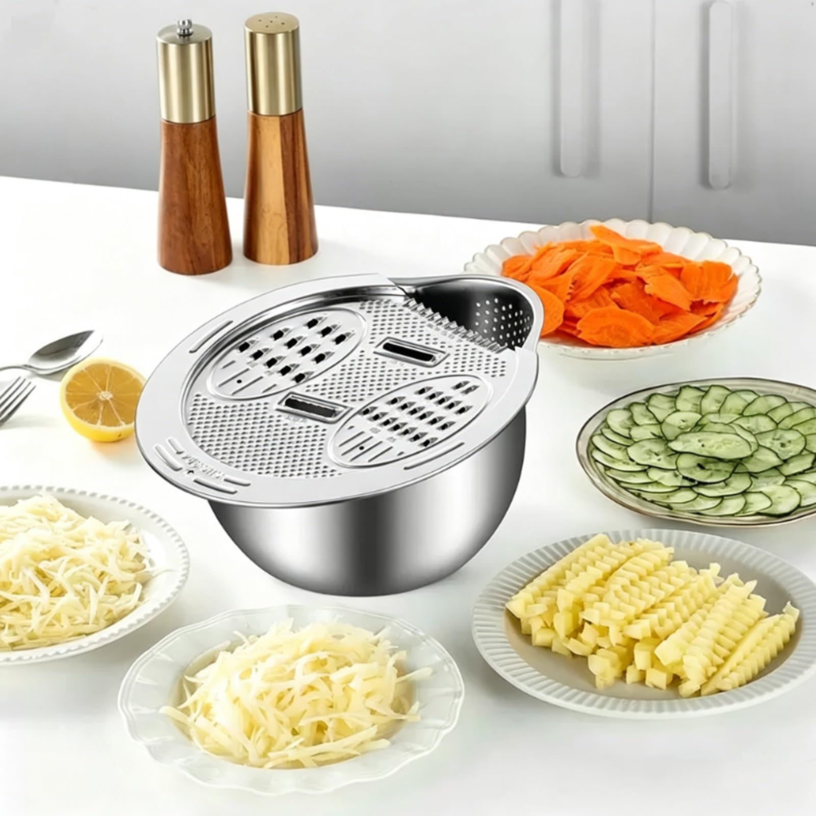 Mandolina de Cocina Profesional Cortador de Verdura con Tapa Ralladora, Proceso Estampado una Sola Pieza, Fácil Limpiar, con Bandeja Divisoria 4 Compartimentos