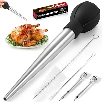 OLESBUR Stainless Steel Turkey Baster for Cooking & Kitchen - Baster Syringe for Hot Liquid - Food Grade Baster - Large Size with 2 Needles & 2 Cleaning Brushes - Thanksgiving Christmas Essential Tool