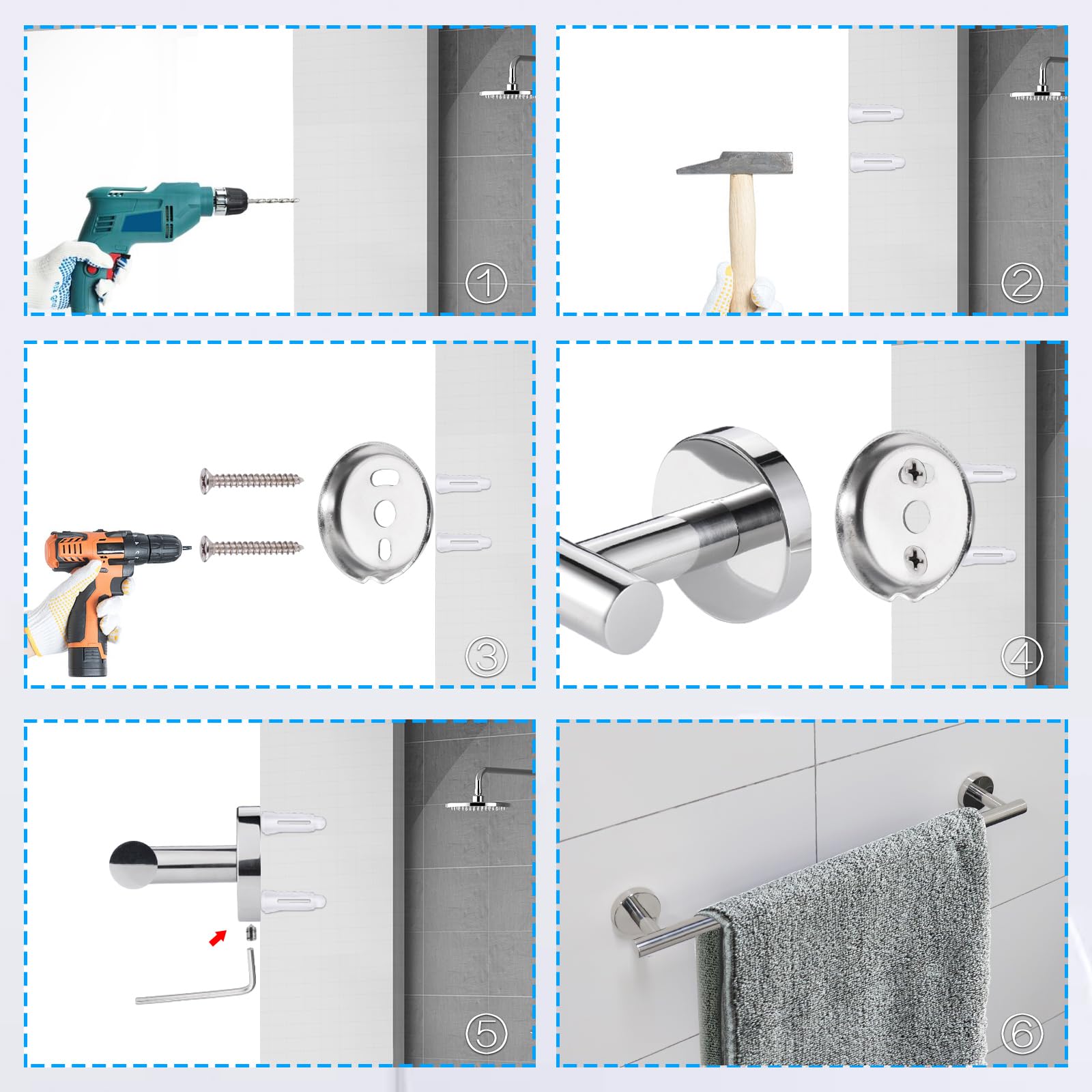 3Pcs Juego Accesorios Baño de Acero Inoxidable Superficie Lisa, Toalleros de Baño Pared 50cm,Portarollos Papel Higienico,Ganchos,Barra Toallero,Toallero, Tornillos para Dormitorio, Cocina, Hotel