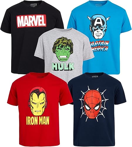 Marvel Paquete de 5 camisetas de los Vengadores para niños, Spider-Man, Hulk, Capitán América, Iron Man, Thor (2T-16)