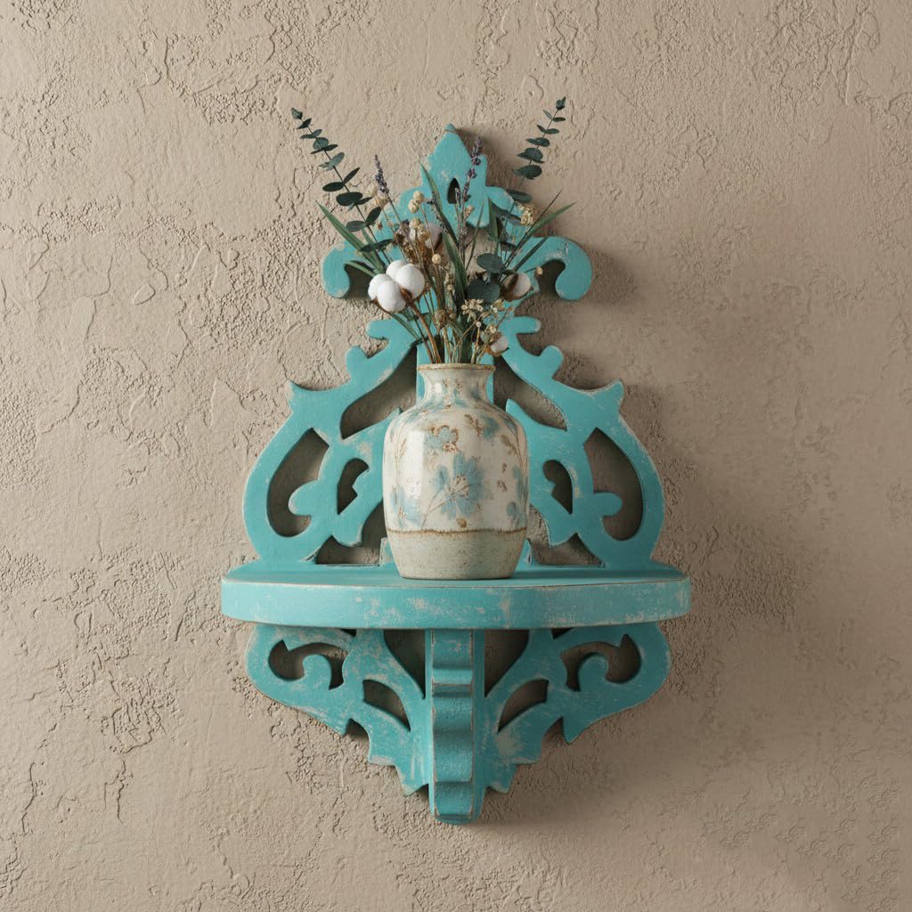 Adan's Homes Shelf Wooden Wall Mounted Distressed Blue Color 30 x 12 X 13 CM Pack of One French Country Style Elegantly Floral Hand Crafted for Home and Office Decor AHSLF27BL-image-21
