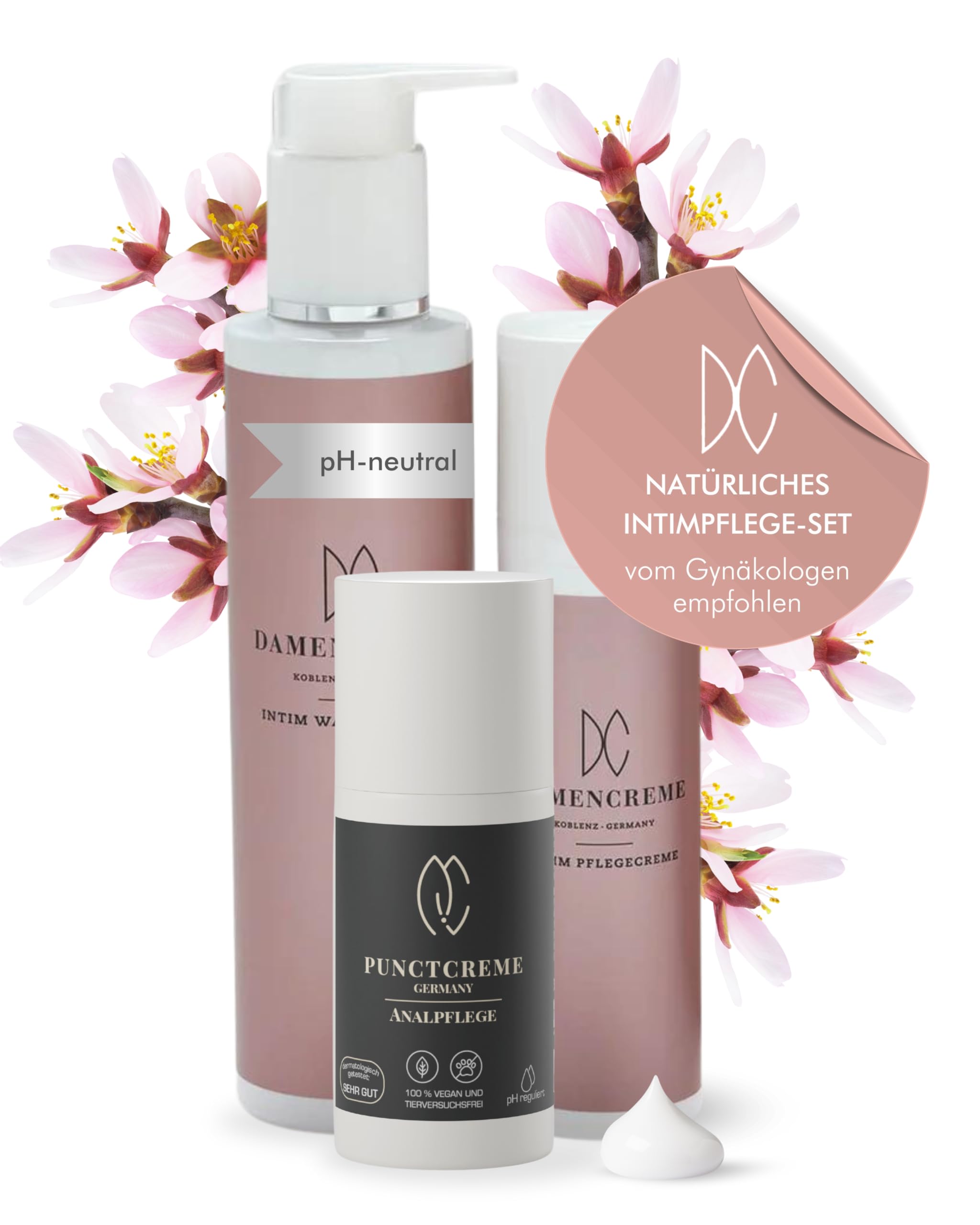 DAMENCREME Intim Pflege Set für Frauen I Intim Pflegecreme 75 ml, Duschgel 200 ml & Punctcreme 30 ml I Sanfte Reinigung I Vom Gynäkologen empfohlen I Dermatologisch getestet