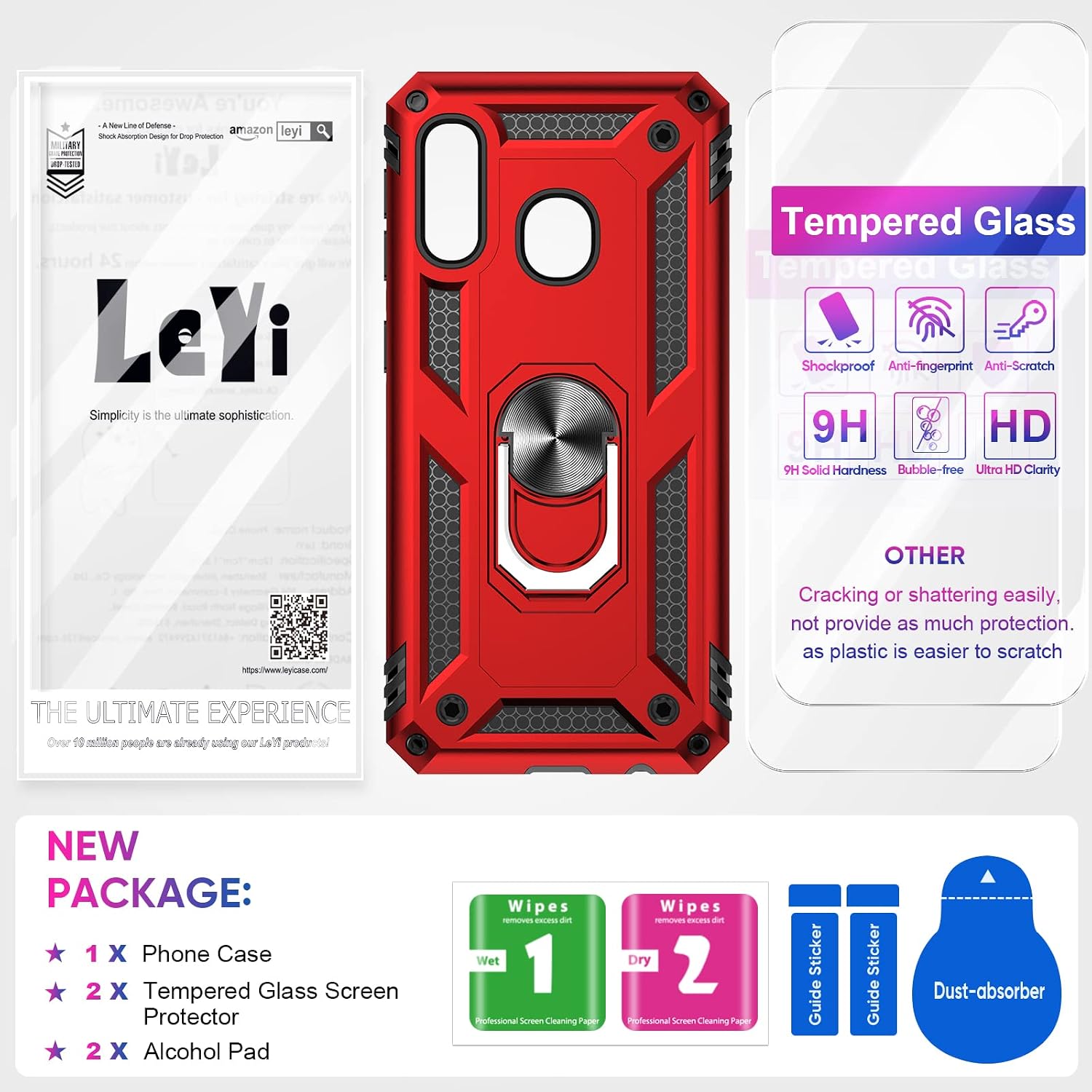 LeYi Compatible for Samsung Galaxy A20/ A30 Case (Not Fit A20S) with Tempered Glass Screen Protector, [Military Grade] Magnetic Car Mount Kickstand Cover Phone Case for Samsung A20/ A30, Red