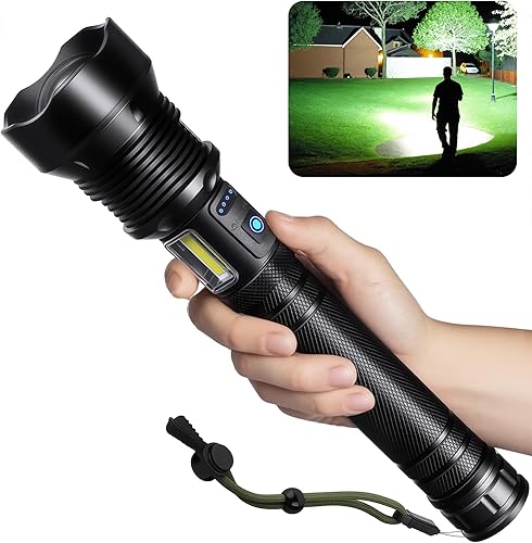 Linterna LED recargable de 9000 lúmenes, linterna táctica súper brillante con haz de zoom, 7 modos, carga USB-C, IPX6 impermeable, batería de larga