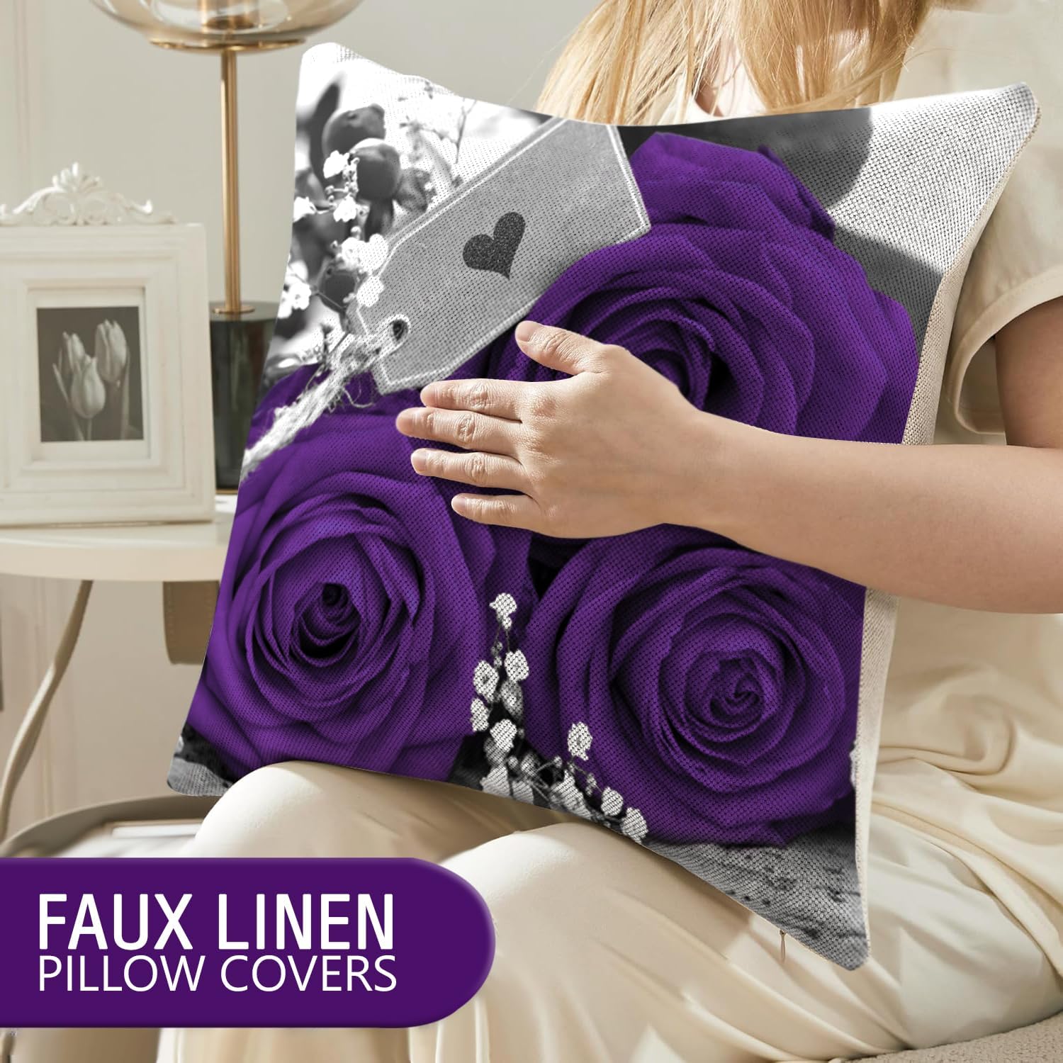 Purple Throw Pillow Covers 4 Pack 18x18 Purple Rose Black Gray Decorative Dark Flower Throw Pillow Covers for Couch Bed Outdoor Flower Linen Farmhouse Pillow Cases Spring Summer
