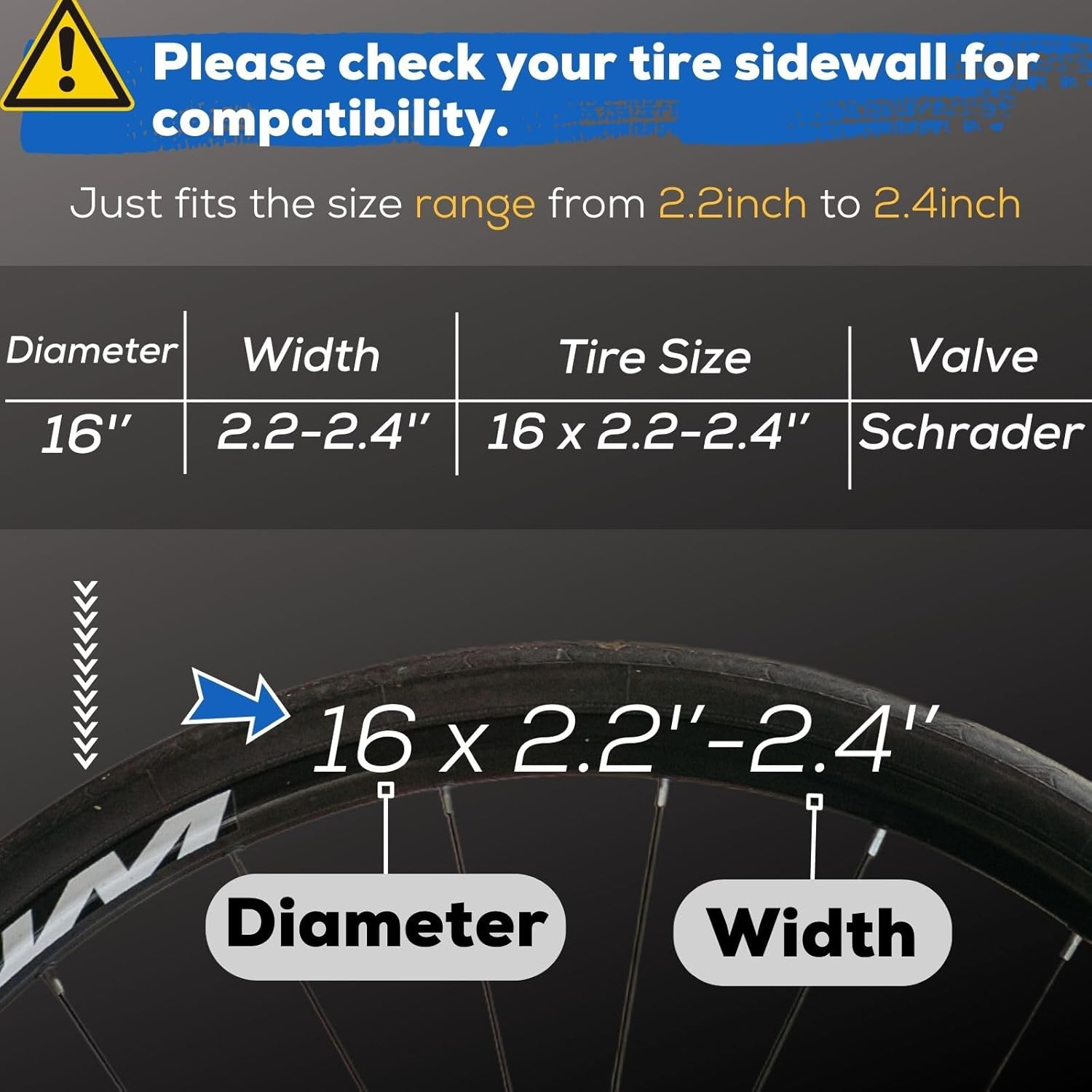 Bike Inner Tube 16 x 2.125-2.4 Schrader Valve 32mm with Bicycle Tire Liners 40mm