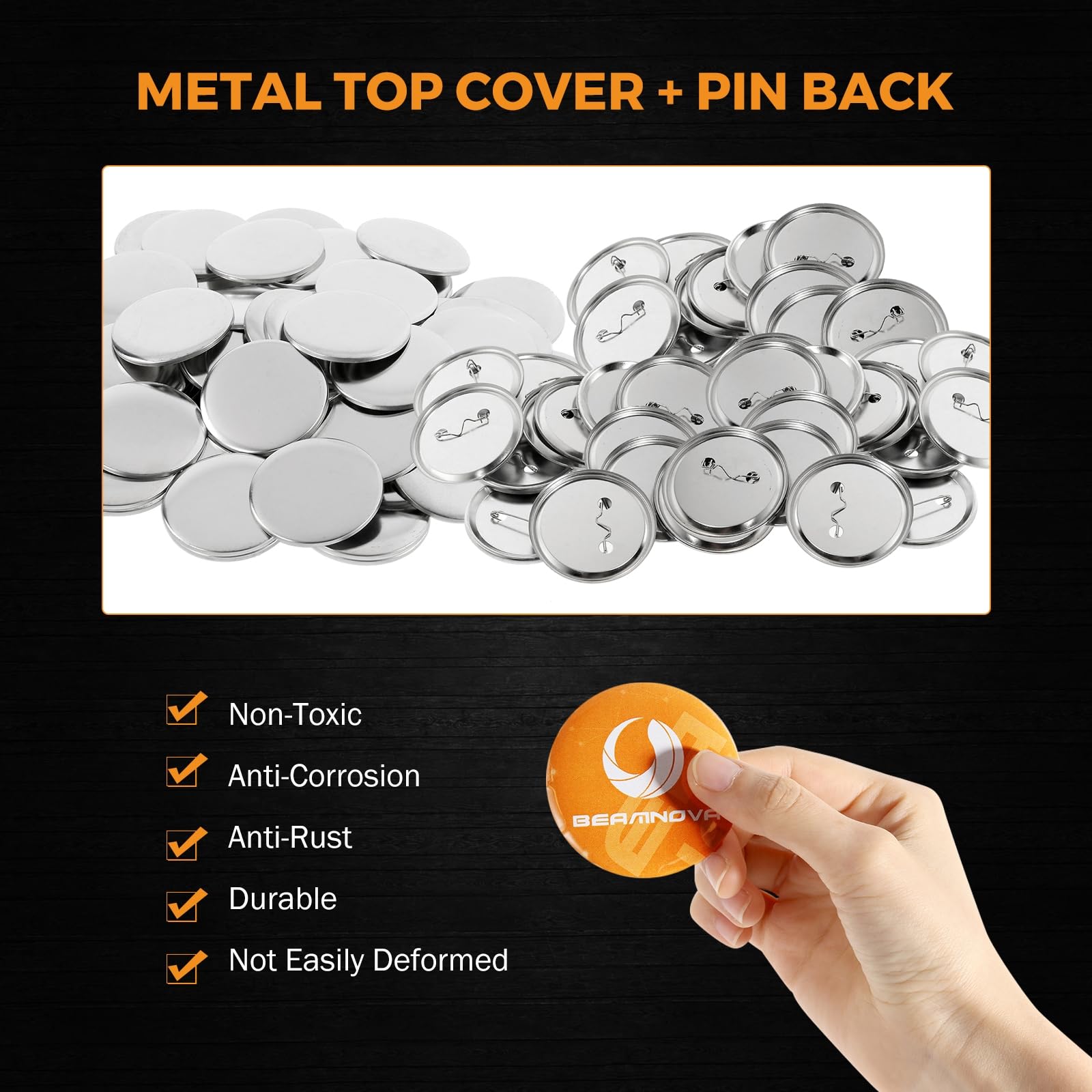 BEAMNOVA 200 Sets von Metallknopfteilen für Knopfmacher, runde Stiftmacher, 75 mm, jedes Set enthält Metalloberseite, Metallclip unten und Kunststofffolie
