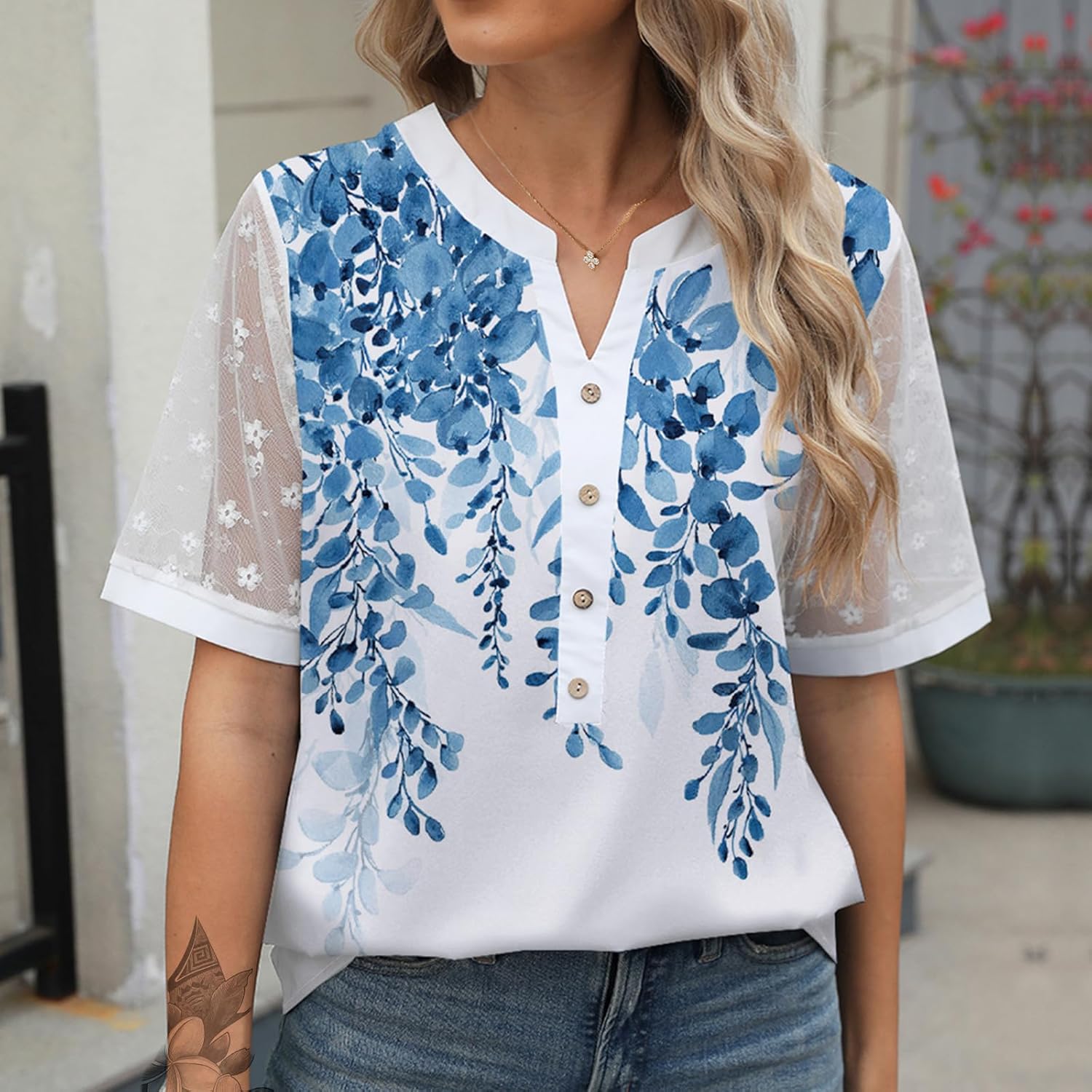 Womens Summer Tops V Neck Short Sleeve Button T Shirts Trendy Print Sheer Blouses Plus Size Comfy Casual Outfits - Image 2
