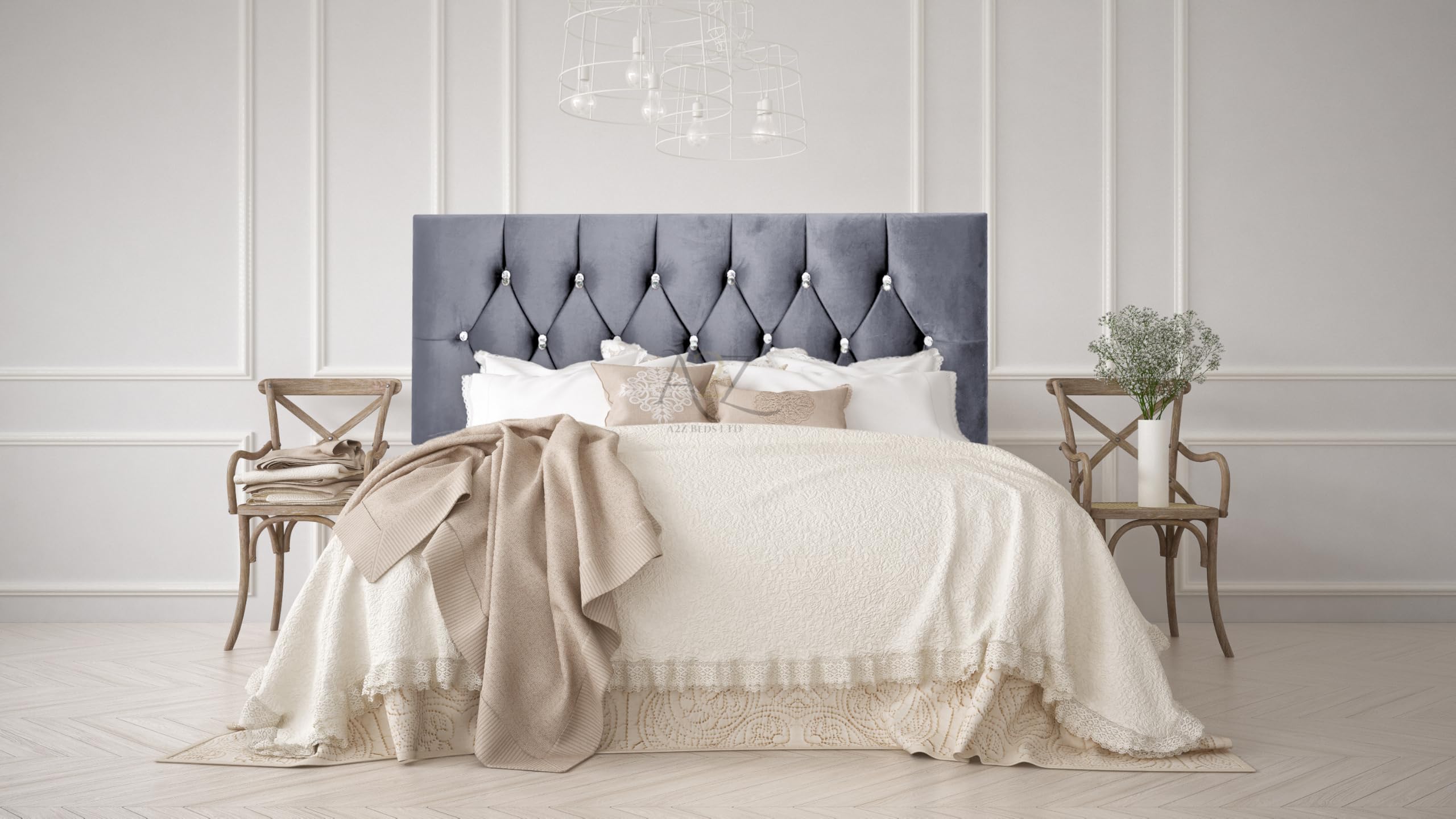 Chesterfield 20" Headboard Plush Velvet 3FT-4FT-4FT6-5FT-6FT (Steel, 6FT Superking)