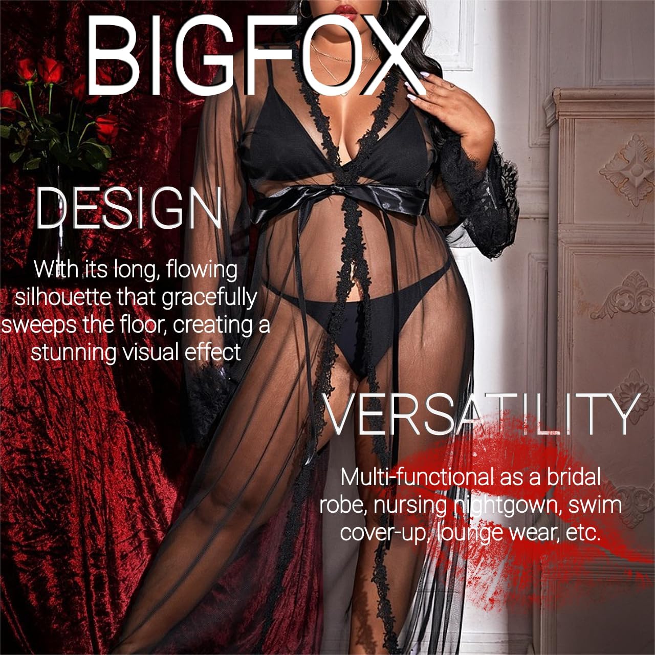 BIGFOX Women’s Sexy Lace Robe Sheer Nightgown Maxi Kimono Chemise Sleepwear Beach Cover ups Bridal Shower Dress Loungewear - Image 5