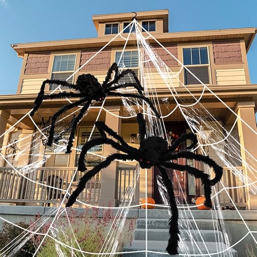 UMEELR Halloween 200In Huge Spider Web with 2 Giant Realistic Looking Hairy Spiders Halloween Decorations Props Creepy Decor Outdoor Indoor (35.5In and 30In)