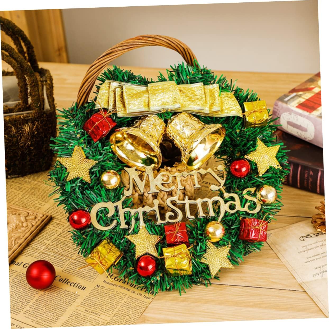 1Pc Merry Christmas Wreath Bowknot Artificial Garland for Indoor Outdoor Decorations Festive Xmas Decor with Five Pointed Star Present Box Design for Home Party