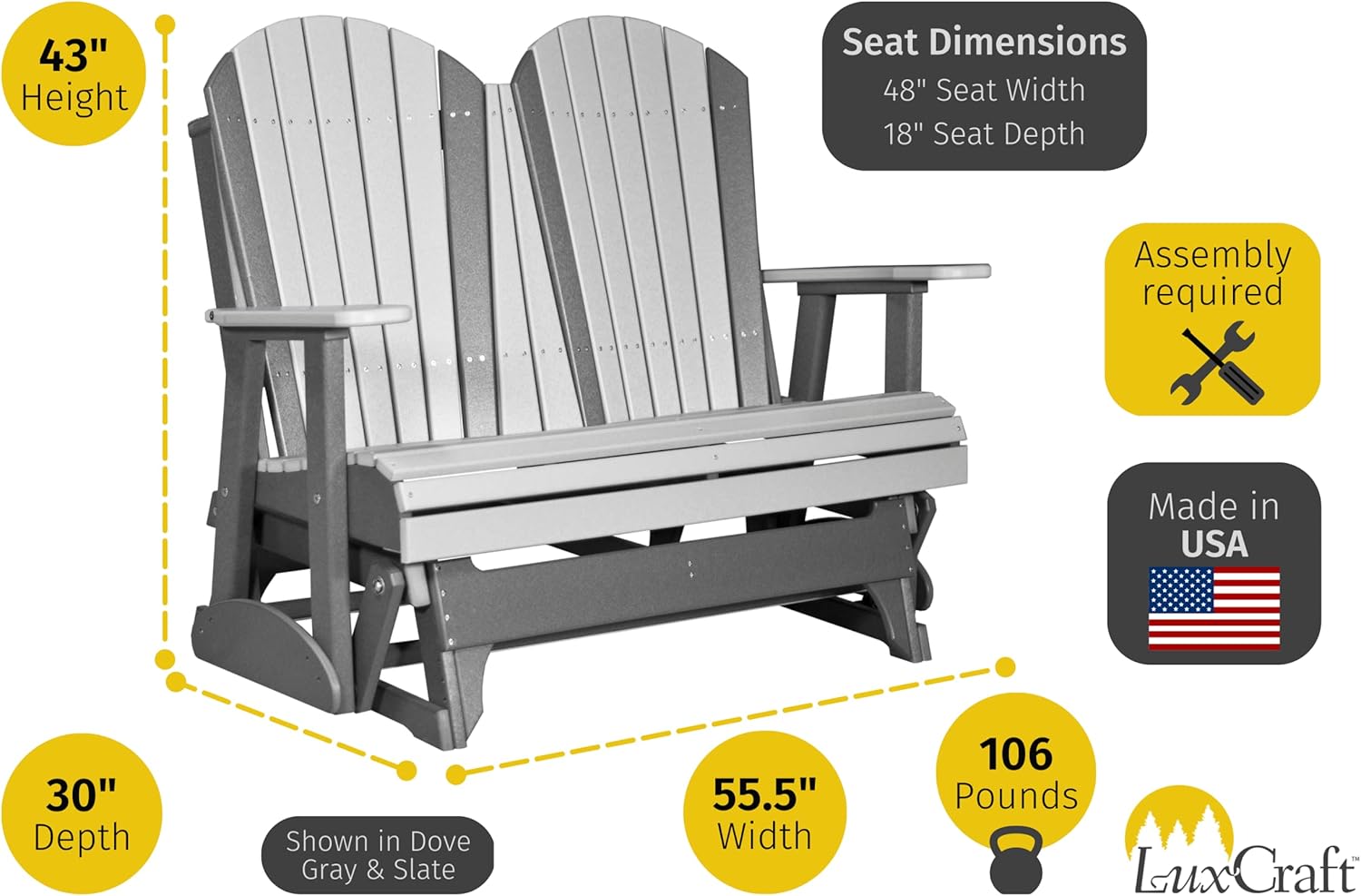 LuxCraft 4' Adirondack Glider - Available in 20 Colors