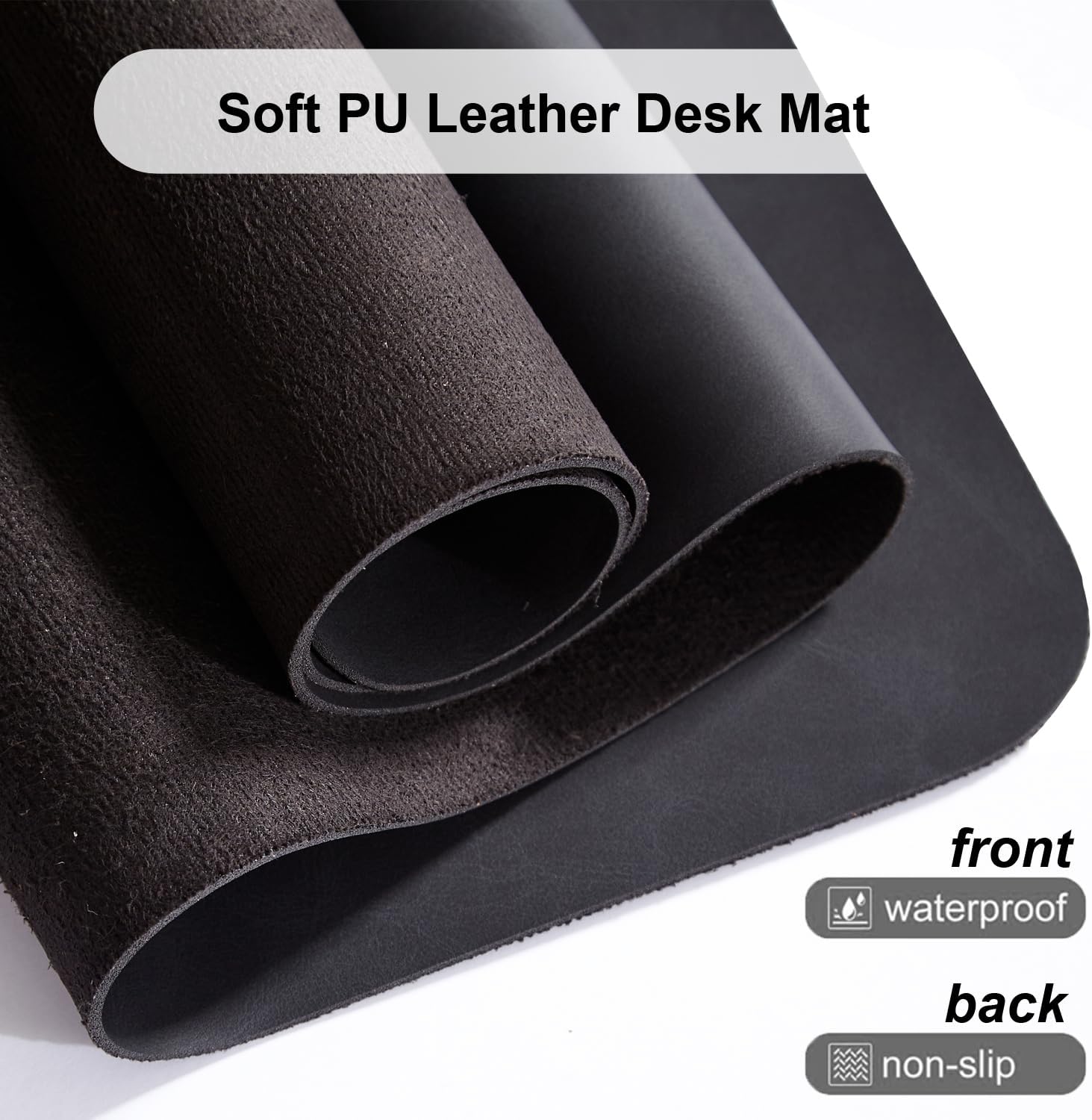 Distressed Leather Desk Mat - Non-Slip PU Leather Desk Pad Protector - Large Waterproof Mouse Pad Computer Keyboard Desk Mat Desk Accessories for Office & Home (Black, 36"x 17") - Image 3