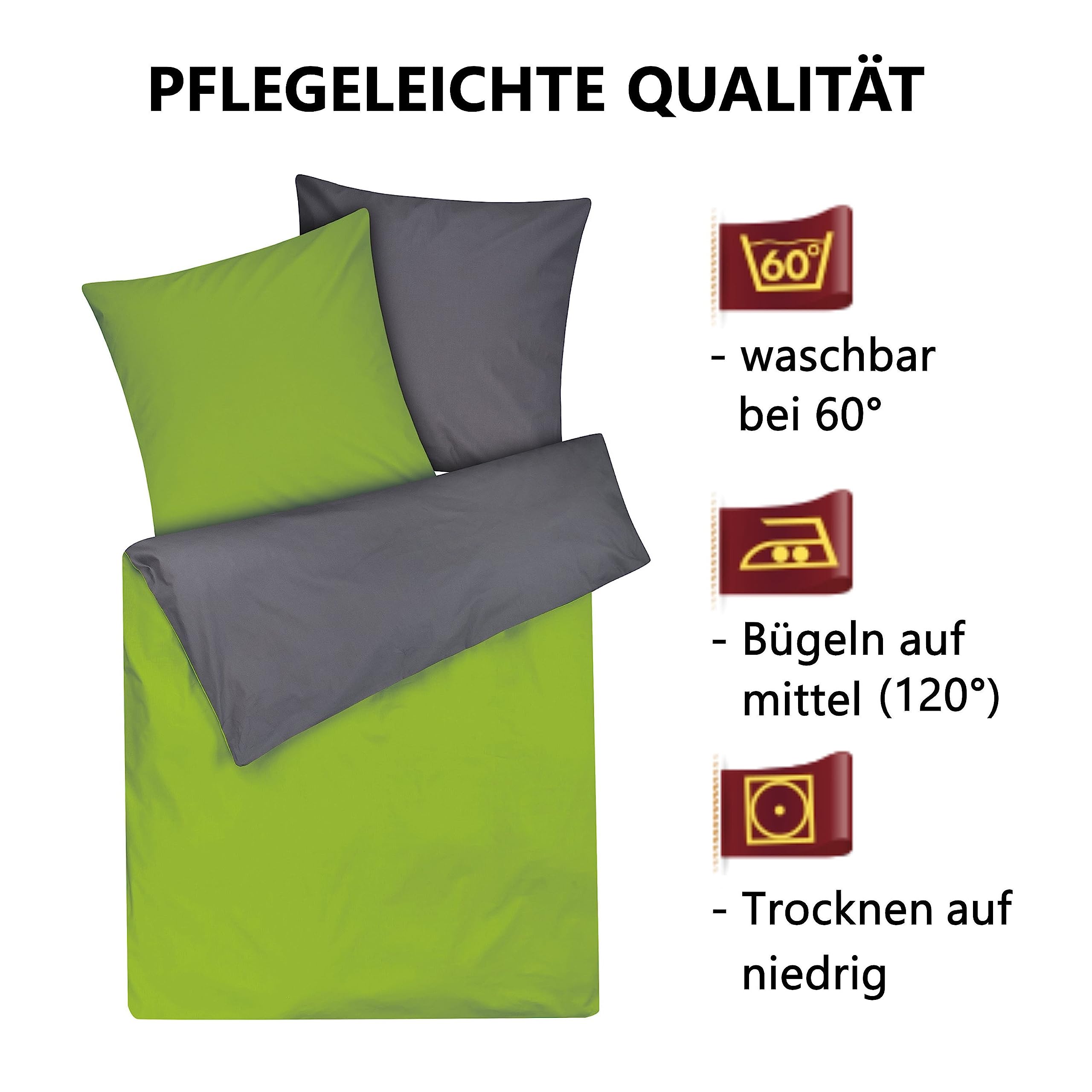 Moon 2er Pack Renforcé Uni Wendebettwäsche, Bettwäsche aus 100% Baumwolle, 135x200 / 80x80 (anthrazit/grün)