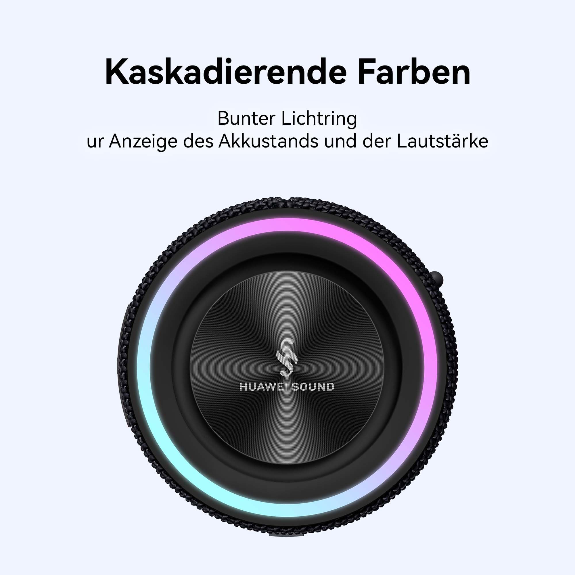 HUAWEI Sound Joy 2 Tragbarer Bluetooth-Lautsprecher, Schwarz | Sound-Vierfach-System, 26-Stunden-Wiedergabe, IP67 Staub- und wasserbeständig, Schütteln für Stereo, stilvolle Lichtshow